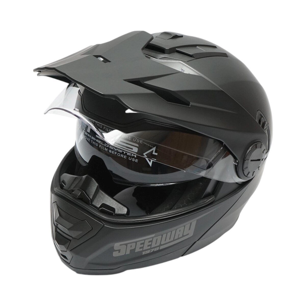 Casca motocross integrala, negru mat cu viziera transparenta si ochelari de soare marimea XL, model LION FAVLine Selection