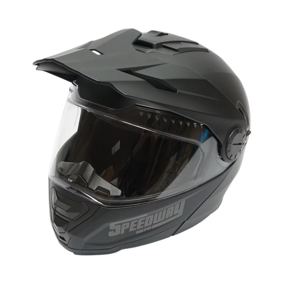 Casca motocross integrala, negru mat cu viziera transparenta si ochelari de soare marimea XL, model LION FAVLine Selection