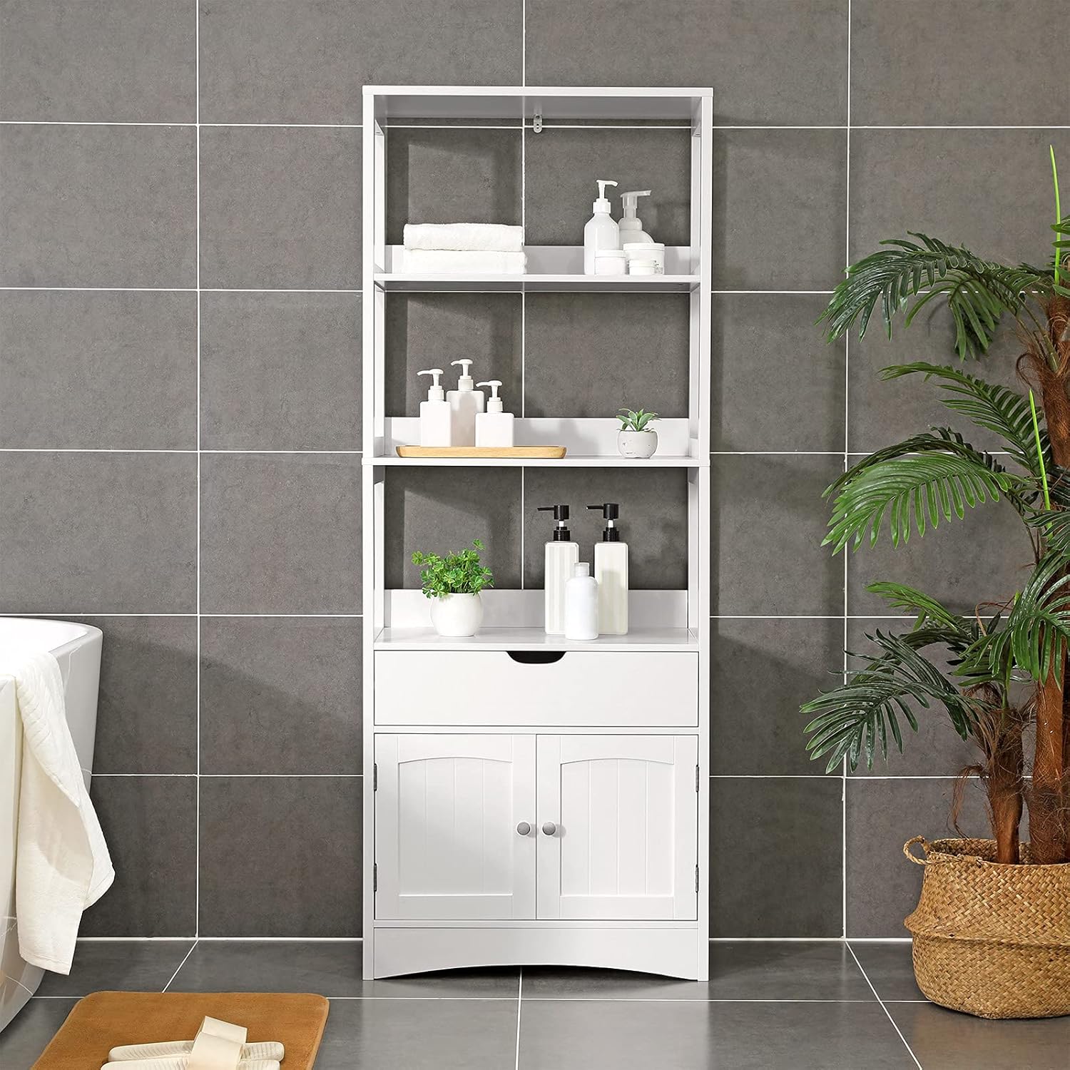 VASAGLE Dulap inalt baie cu 3 rafturi, 1 sertar si 1 dulap, din MDF, 60x33x154 cm, alb Household NewTrend