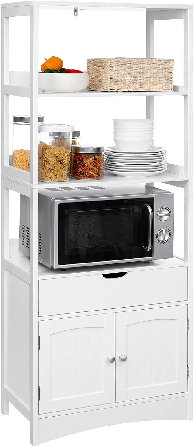 VASAGLE Dulap inalt baie cu 3 rafturi, 1 sertar si 1 dulap, din MDF, 60x33x154 cm, alb Household NewTrend