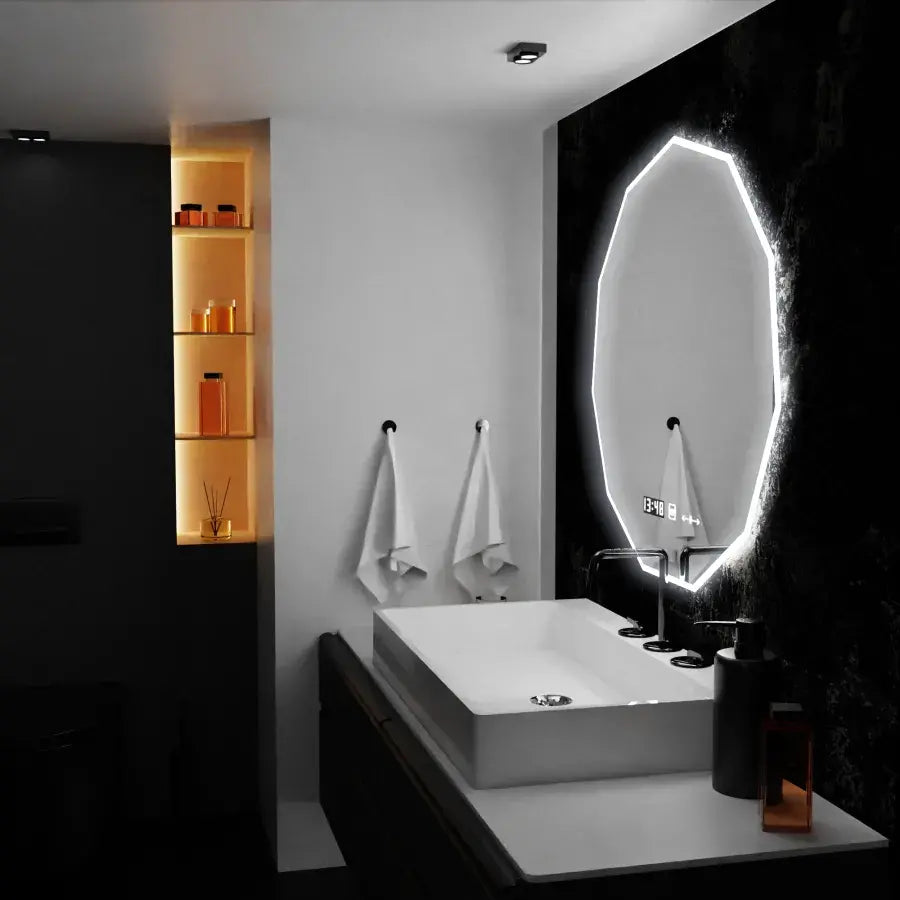 Oglinda LED 60cm, POLIGON Senzor MotionGlow Marcello, Sistem Dezaburire, Ceas & Termometru, Dimabila ModernLight Concept