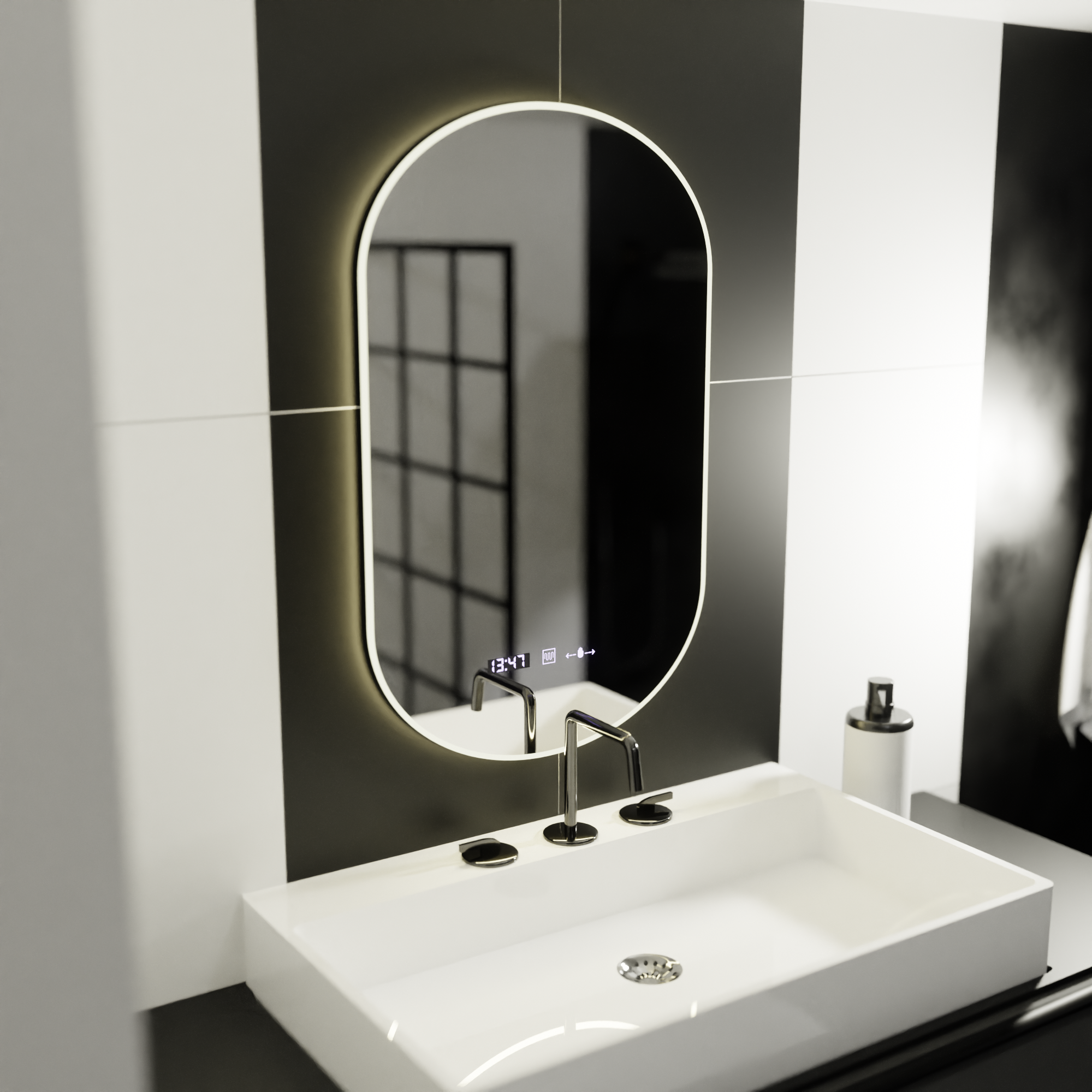 Oglinda LED Ovala, 50x100cm, Lucia Senzor Marcello, Sistem Dezaburire, Ceas & Termometru, Dimabila ModernLight Concept