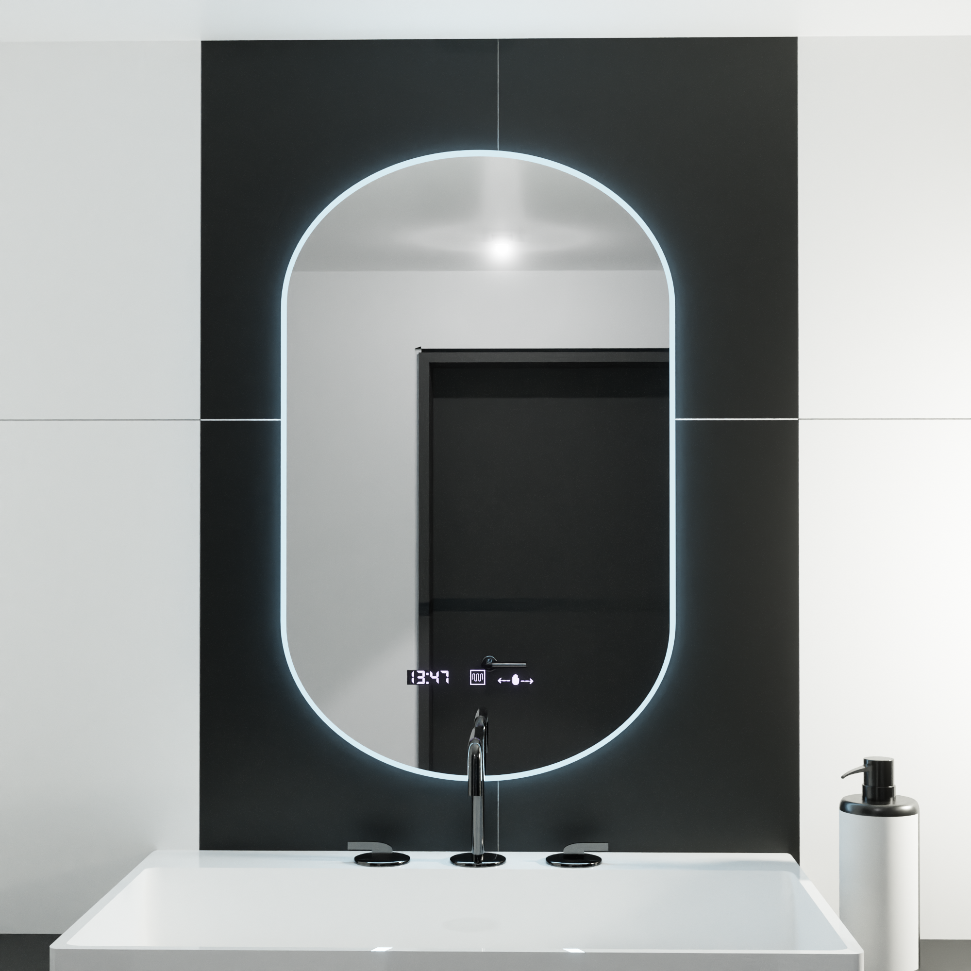 Oglinda LED Ovala, 50x100cm, Lucia Senzor Marcello, Sistem Dezaburire, Ceas & Termometru, Dimabila ModernLight Concept