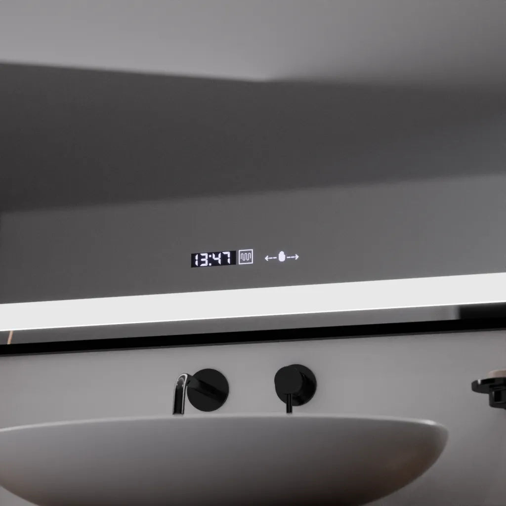 Oglinda LED Rectangulara, 100x65cm, Verite Majeste Noir Motion Glow Marcello, Sistem Dezaburire, Ceas & Termometru, Dimabila ModernLight Concept