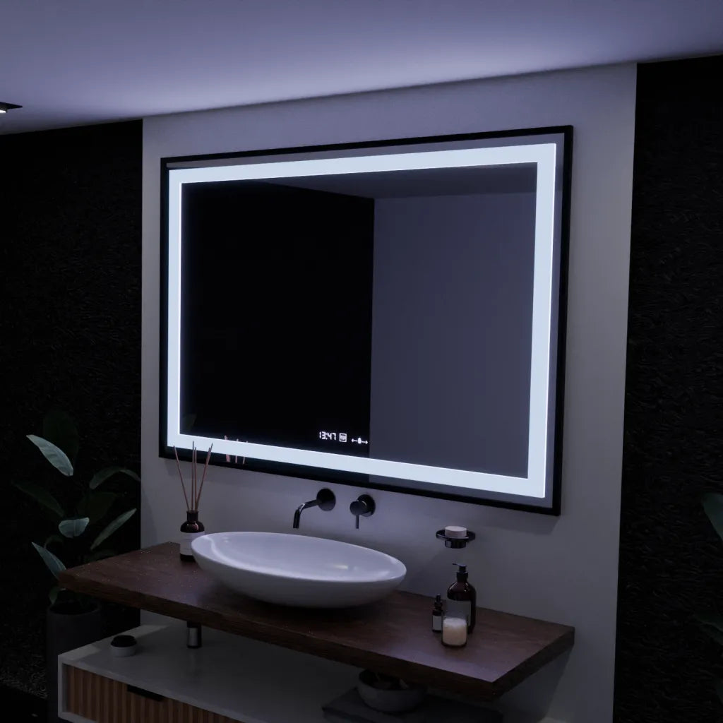 Oglinda LED Rectangulara, 100x65cm, Verite Majeste Noir Motion Glow Marcello, Sistem Dezaburire, Ceas & Termometru, Dimabila ModernLight Concept