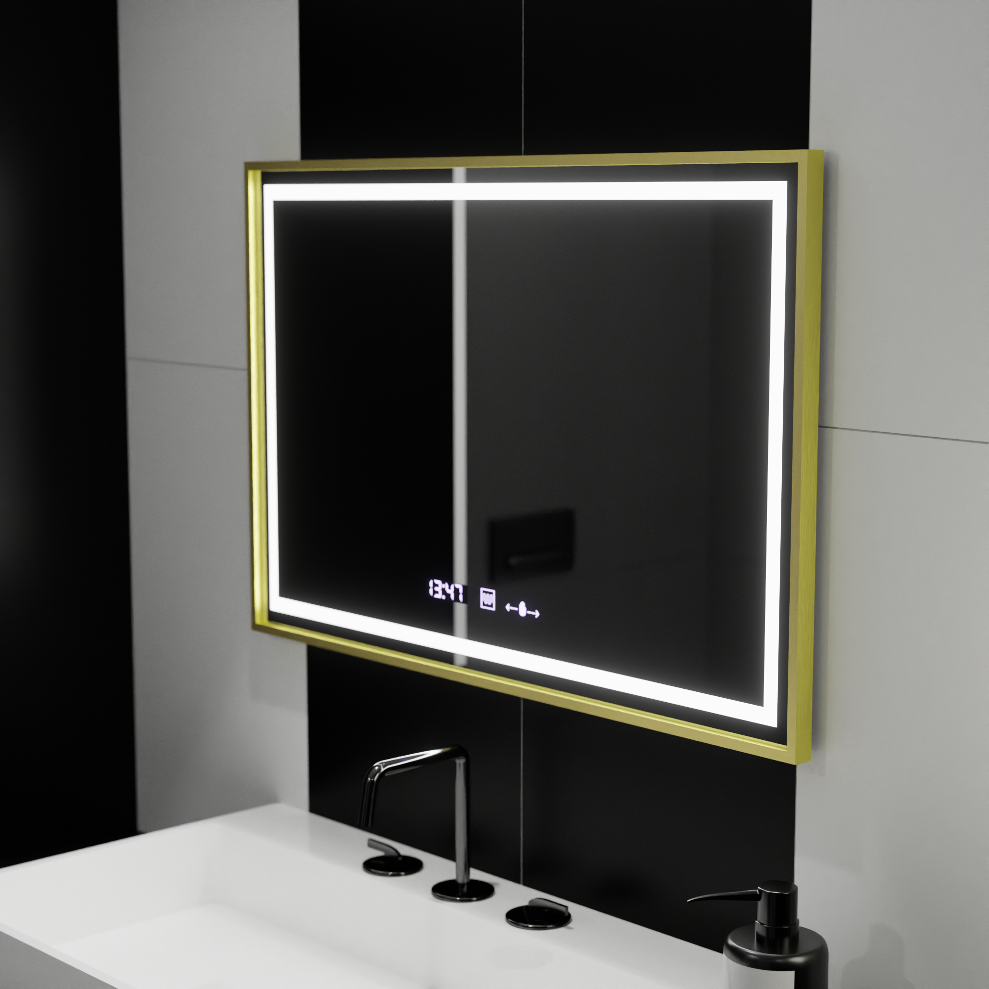 Oglinda LED Rectangulara, 100x65cm, Verite Royale Gold Motion Glow Marcello, Sistem Dezaburire, Ceas & Termometru, Dimabila ModernLight Concept