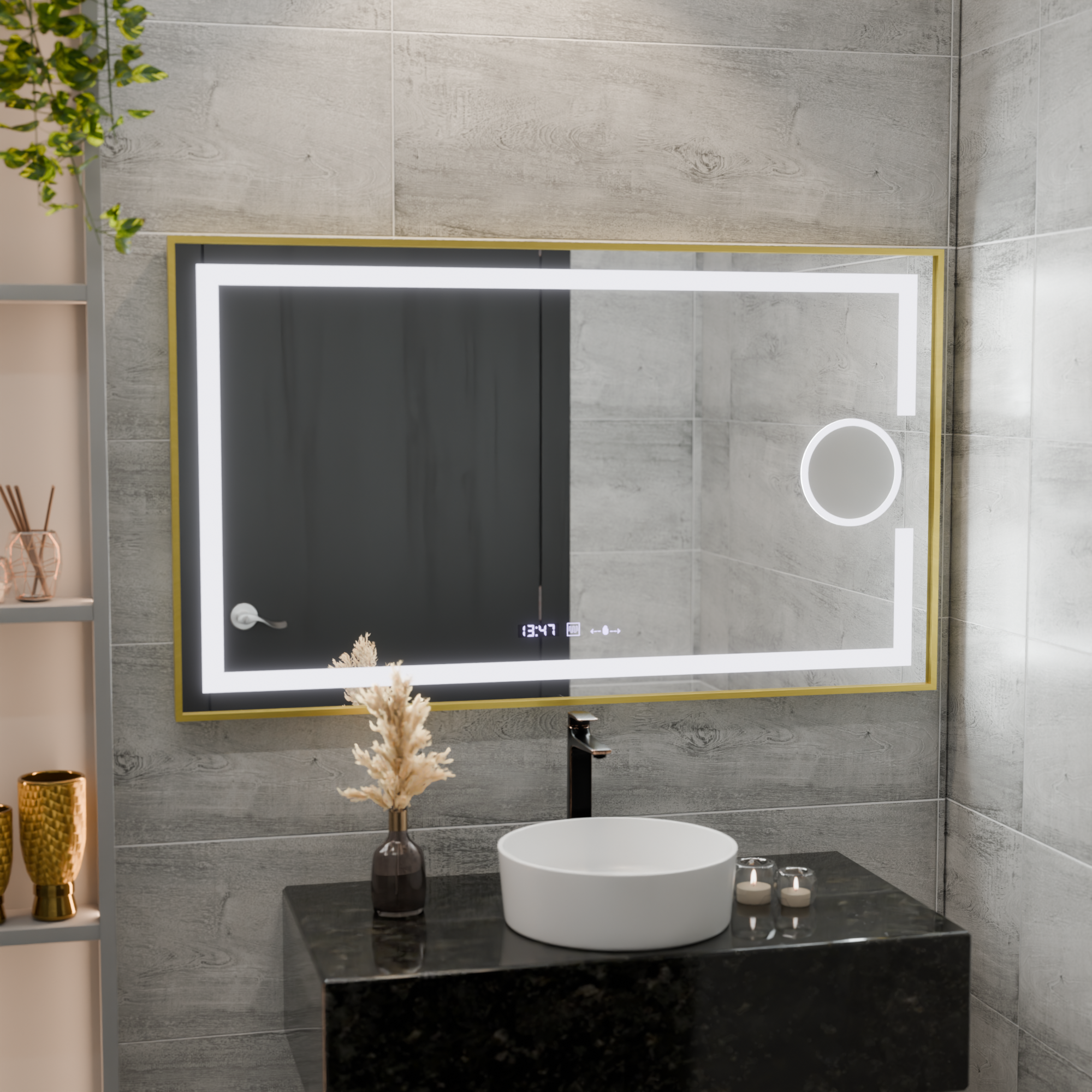 Oglinda LED Rectangulara, 110x65cm, Eclat MotionGlow Marcello, Sistem Dezaburire, Ceas & Termometru, Lupa Cosmetica, Dimabila, Rama Auriu Brushed ModernLight Concept