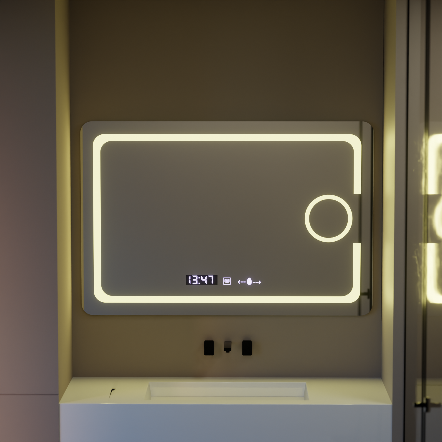 Oglinda LED Rectangulara, 110x75cm, Eclat MotionGlow Marcello, Sistem Dezaburire, Ceas & Termometru, Lupa Cosmetica, Dimabila ModernLight Concept