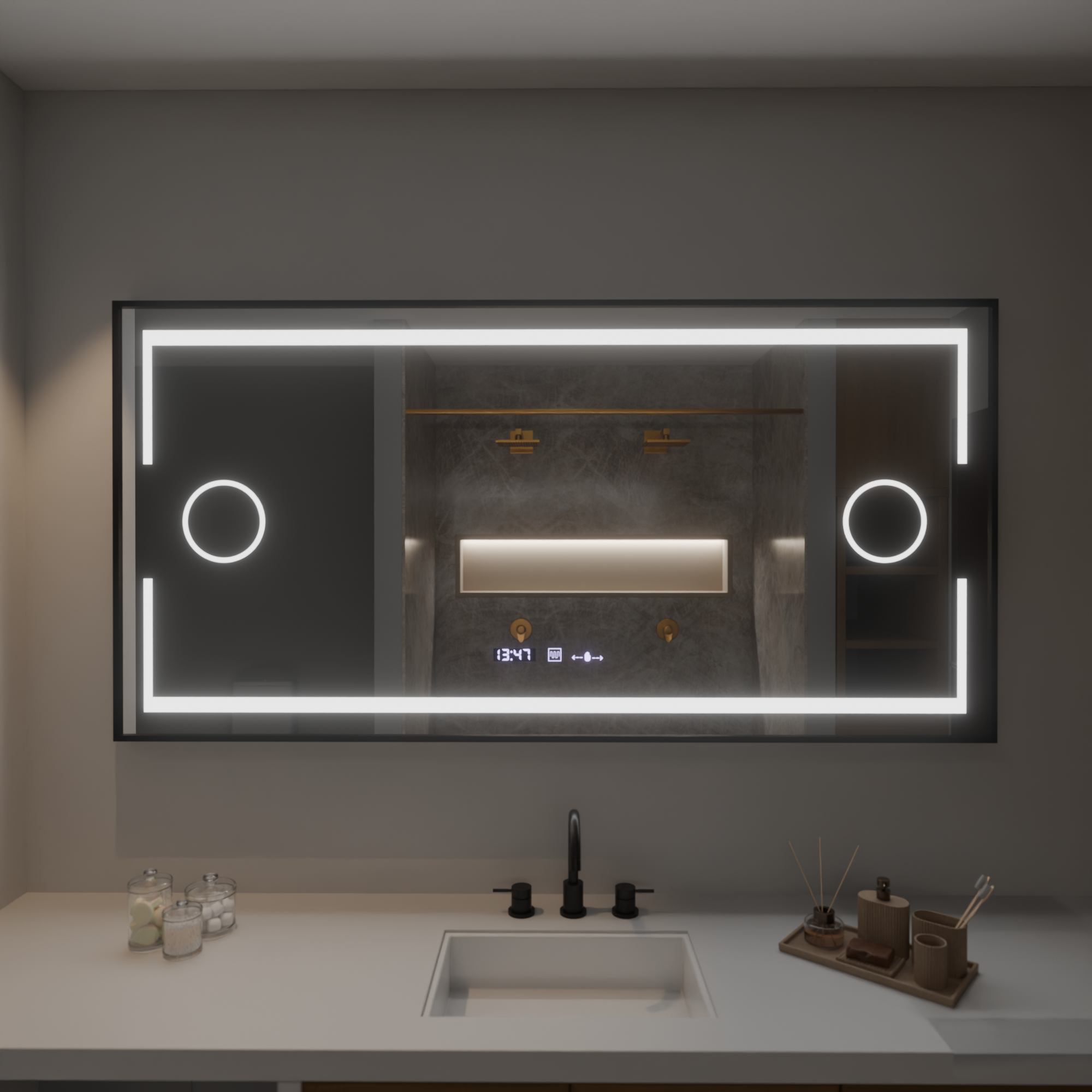 Oglinda LED Rectangulara, 160x80cm, Senzor MotionGlow Marcello, Sistem Dezaburire, Ceas & Termometru, Lupa Cosmetica, Dimabila ModernLight Concept