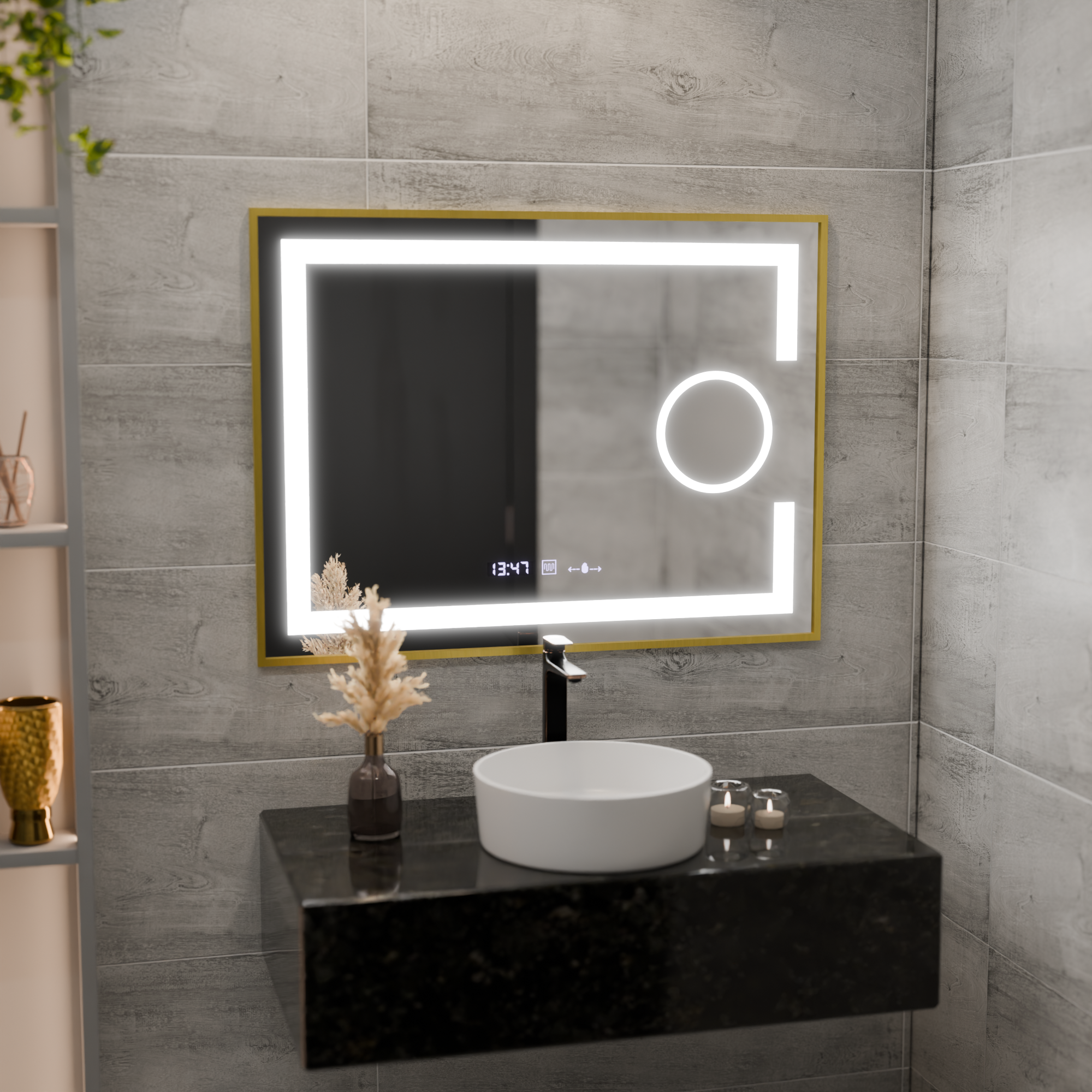 Oglinda LED Rectangulara, 80x60cm, Eclat MotionGlow Marcello, Sistem Dezaburire, Ceas & Termometru, Lupa Cosmetica, Dimabila, Rama Auriu Brushed ModernLight Concept
