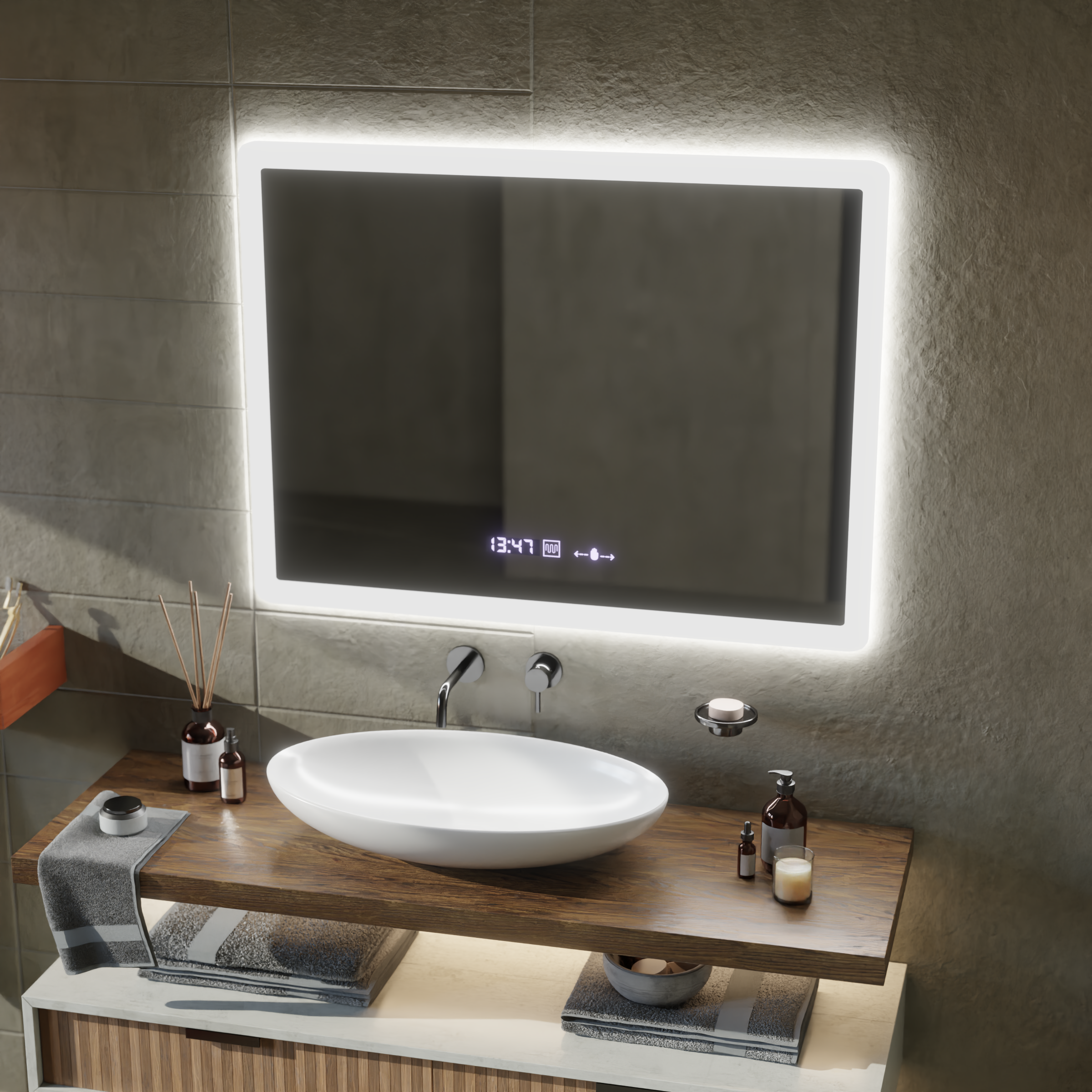 Oglinda LED Rectangulara, 80x60cm, Zampa Senzor MotionGlow Marcello, Sistem Dezaburire, Ceas & Termometru, Dimabila ModernLight Concept