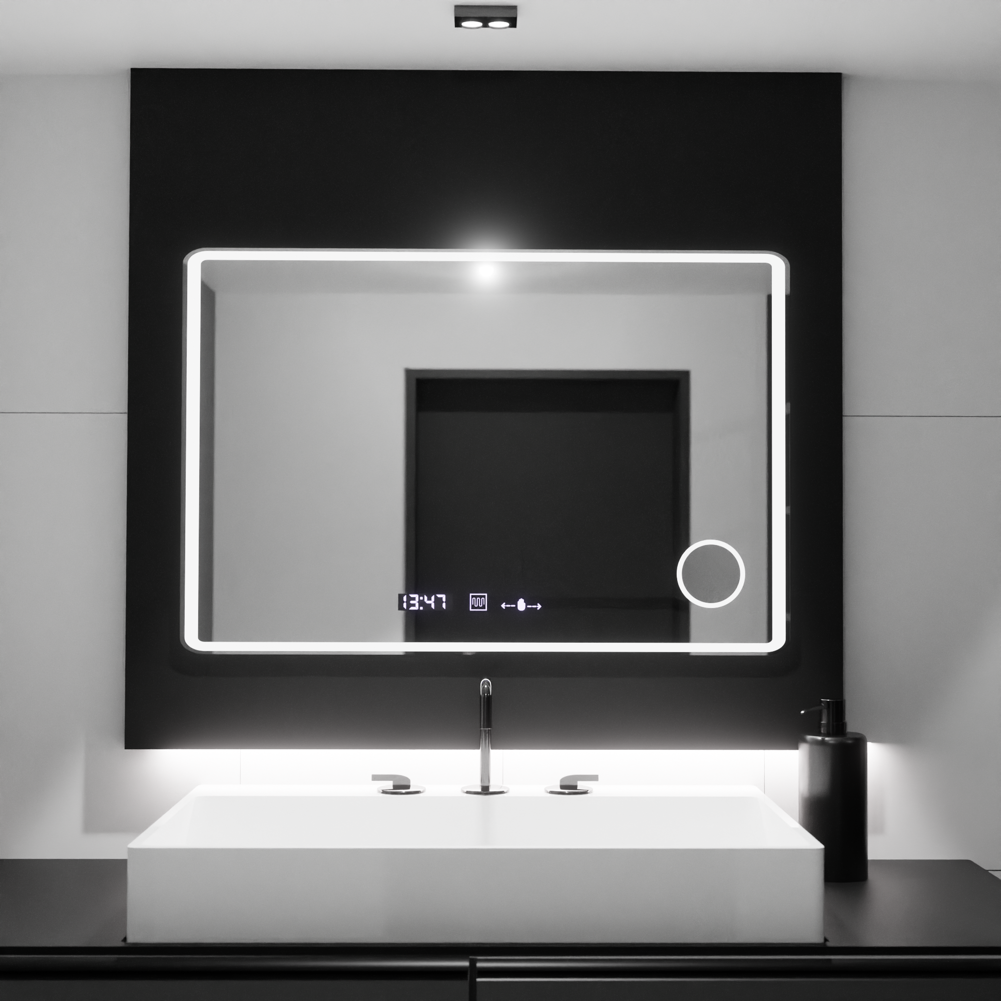 Oglinda LED Rectangulara 120x80 Aura Riflesso Puro MotionGlow Marcello, Sistem Dezaburire, Termometru si Ceas, Dimabila ModernLight Concept