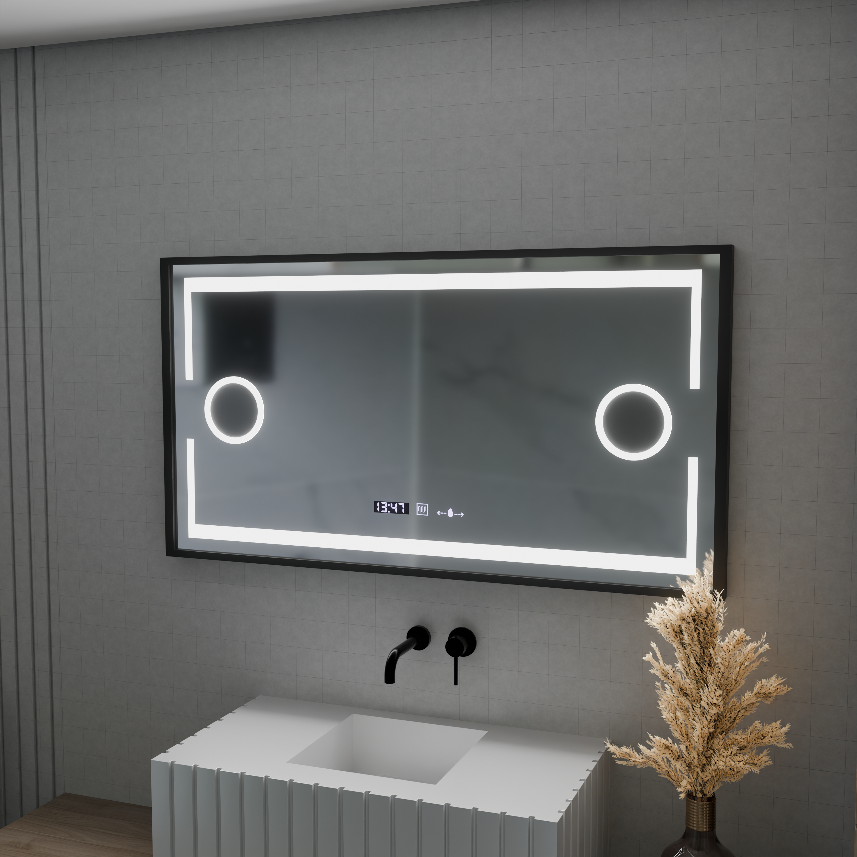 Oglinda LED Senzor MotionGlow Domingo cu functie Dezaburire Termometru Ceas 120x65 cm Lumina Rece/Calda/Neutra Dimabila, Rama Negru Brushed, colectia Marcello Funghi ModernLight Concept