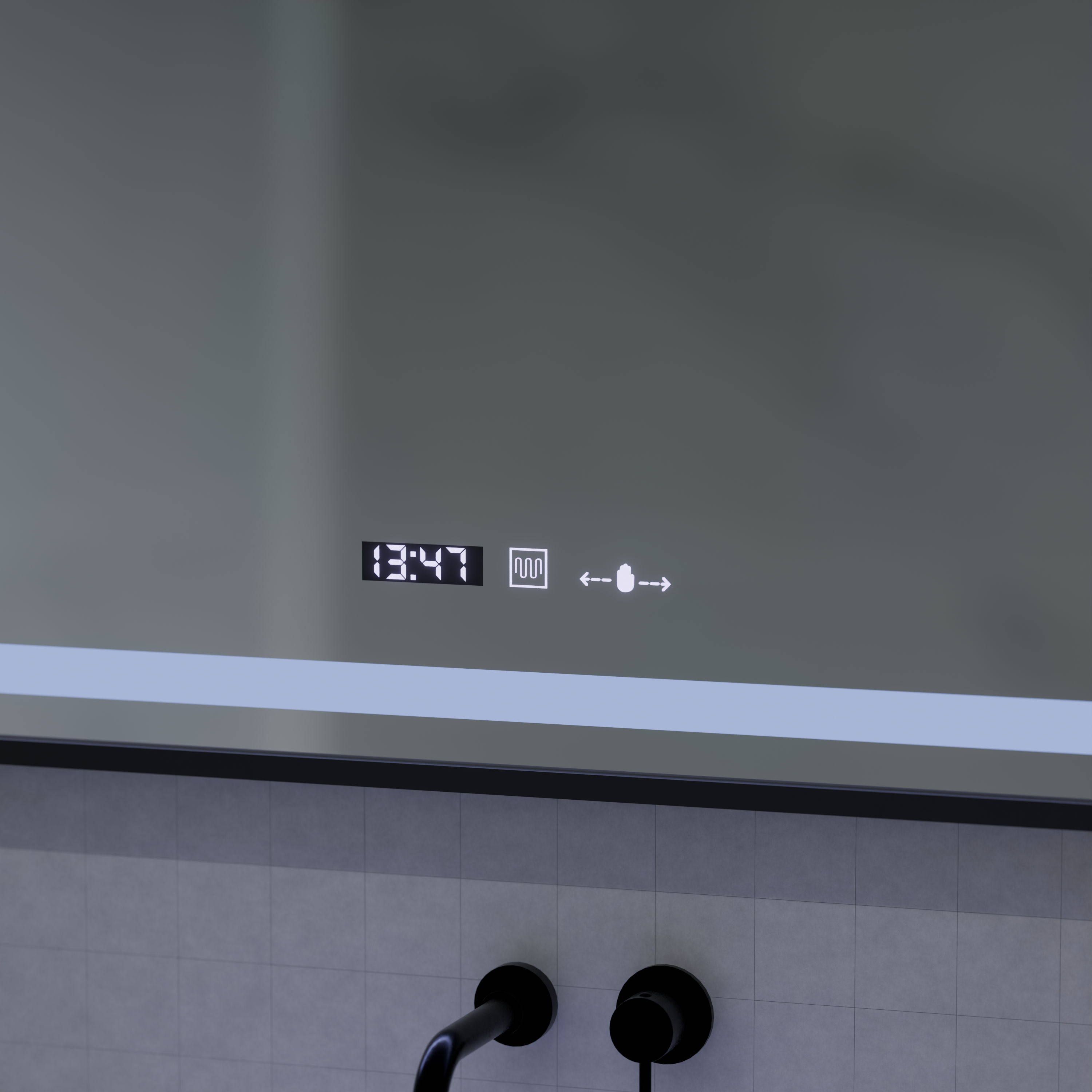 Oglinda LED Senzor MotionGlow Domingo cu functie Dezaburire Termometru Ceas 120x65 cm Lumina Rece/Calda/Neutra Dimabila, Rama Negru Brushed, colectia Marcello Funghi ModernLight Concept