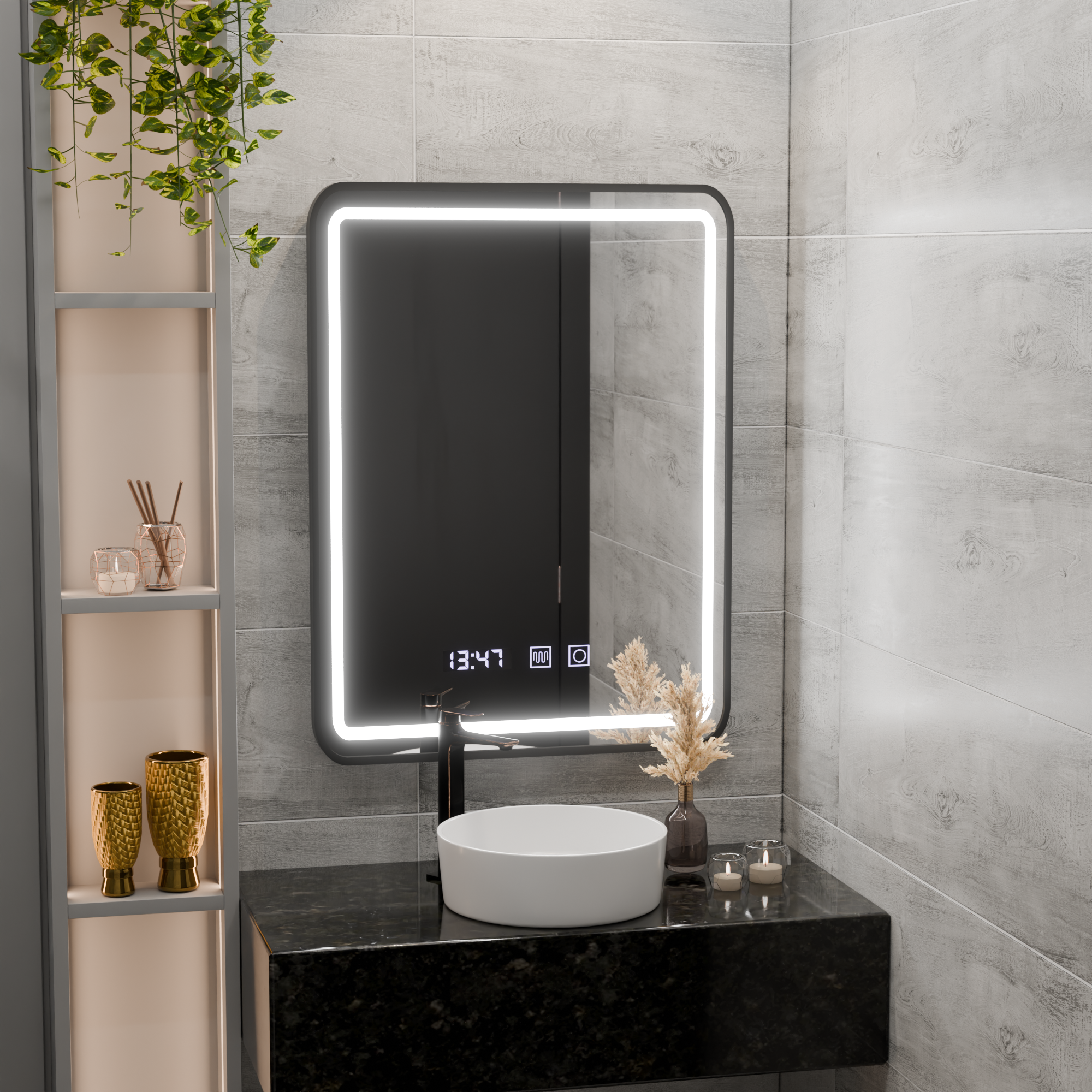 Oglinda LED Touch LUCIDA Sistem Dezaburire, Ceas si Temperatura 50x70 cm Rama Negru Brushed ModernLight Concept