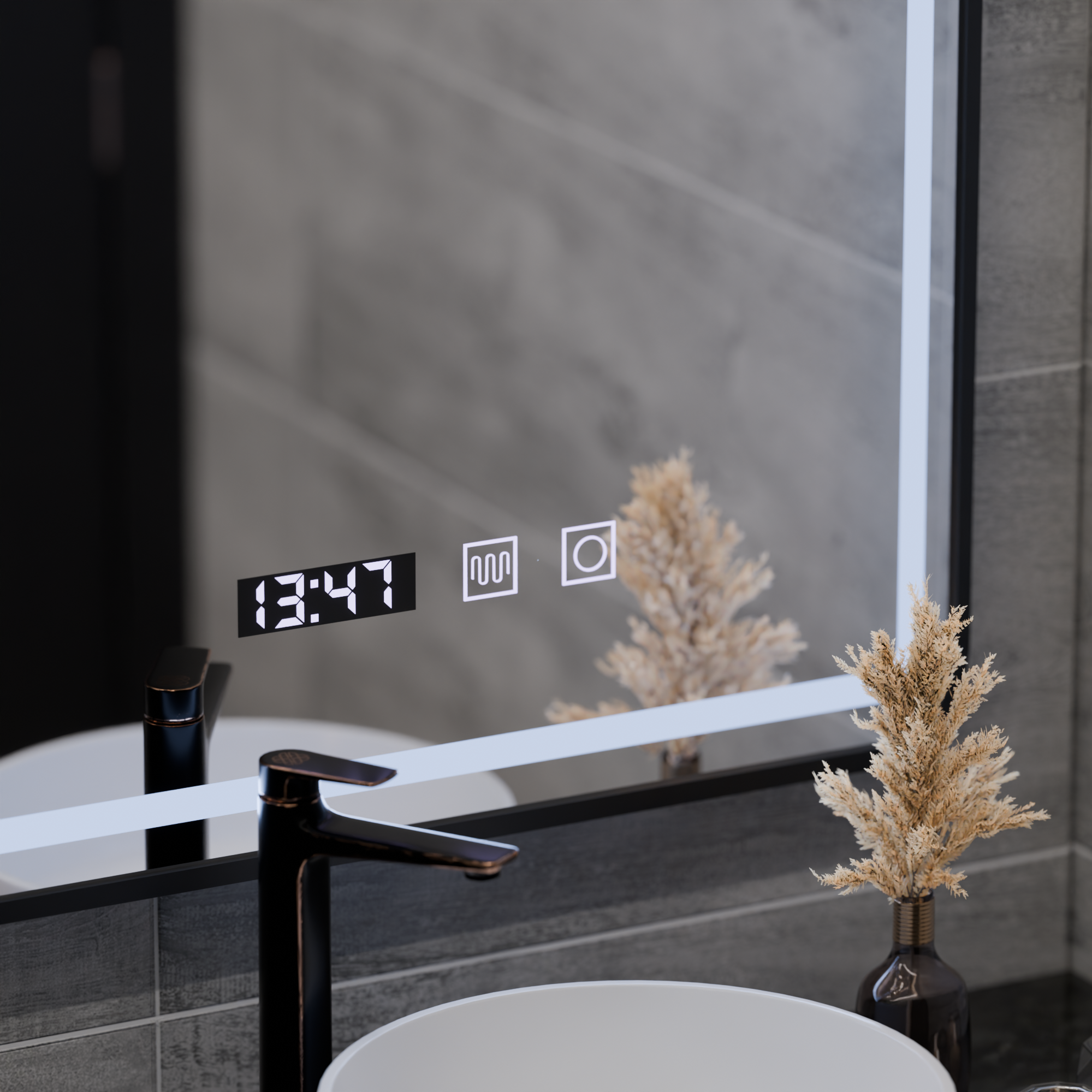 Oglinda LED Touch LUCIDA Sistem Dezaburire, Ceas si Temperatura 50x70 cm Rama Negru Brushed ModernLight Concept