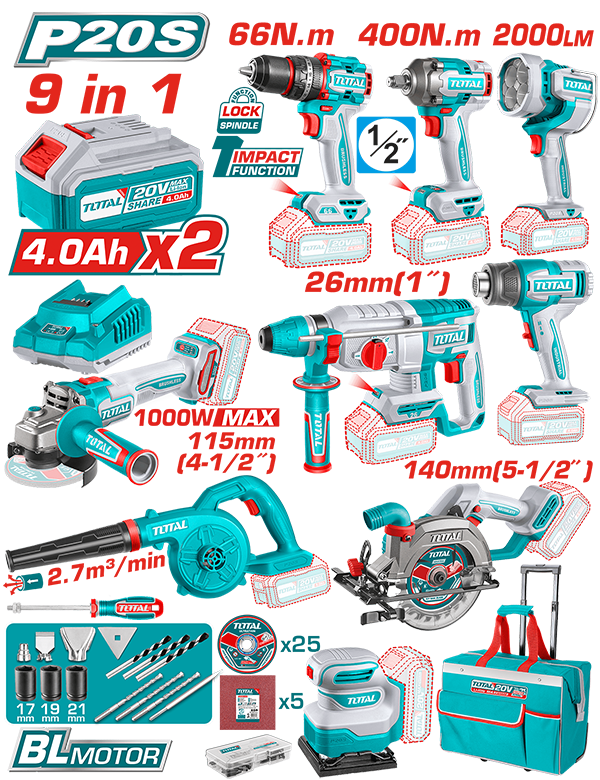 TOTAL - KIT COMBO 20V - 4.0Ah - BORMASINA, MASINA INSURUBAT, POLIZOR UNGHIULAR, ROTOPERCUTOR, FIERAS PowerTool TopQuality