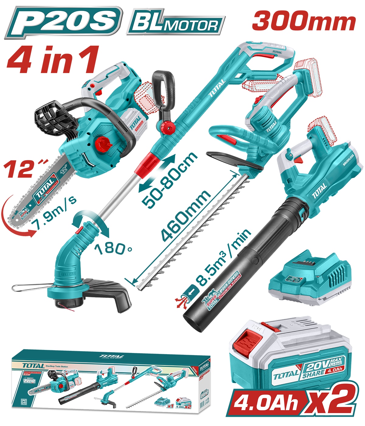 TOTAL - KIT COMBO 20V - 4.0Ah - DRUJBA, TRIMMER PENTRU GARD VIU, SUFLANTA, TRIMMER DE TUNS IARBA (IN PowerTool TopQuality