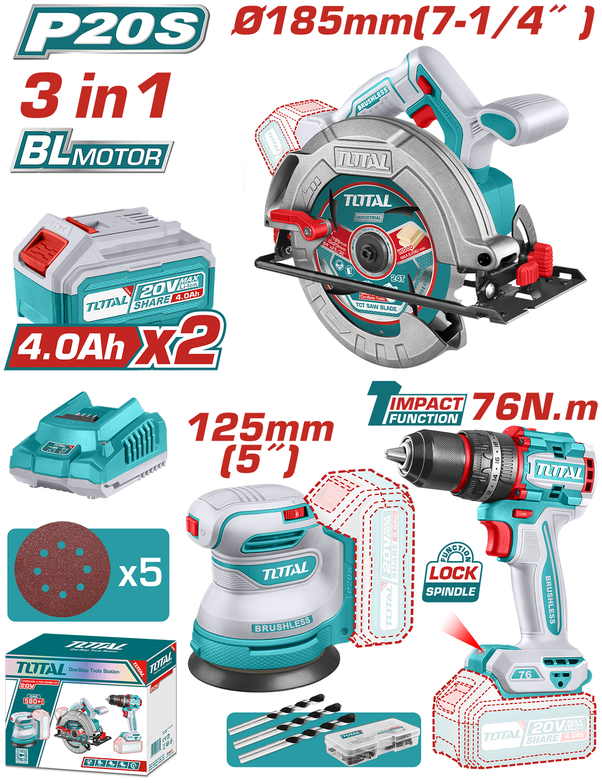 TOTAL - KIT COMBO 20V - 4.0Ah - FIERASTRAU CIRCULAR, SLEFUITOR , MASINA DE GAURIT CU IMPACT (INCLUDE PowerTool TopQuality
