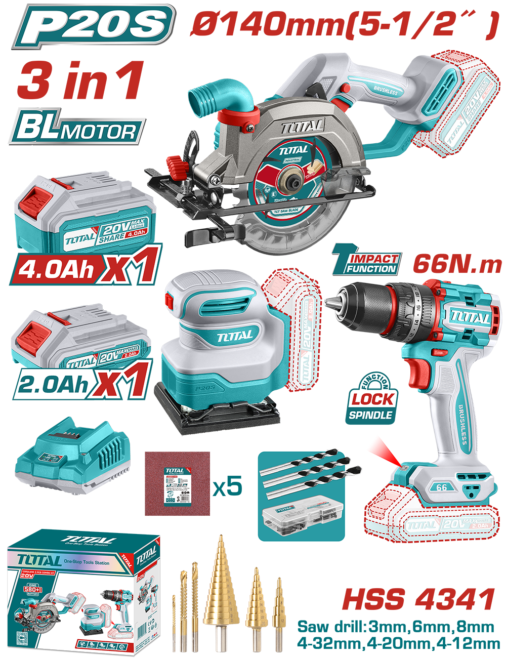 TOTAL - KIT COMBO 20V - FIERASTRAU CIRCULAR, MASINA DE GAURIT CU IMPACT, SLEFUITOR (INCLUDE 2 ACUMUL PowerTool TopQuality