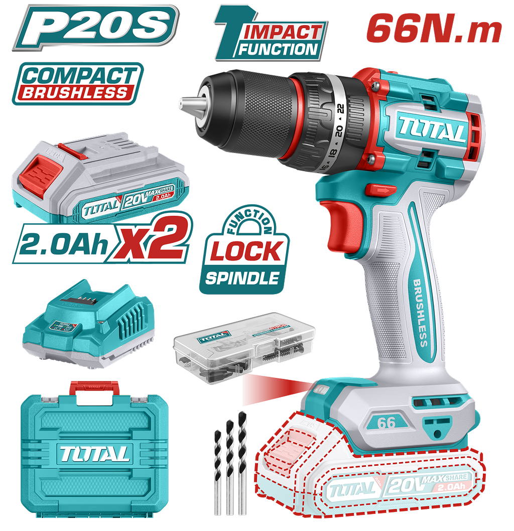 TOTAL - MASINA DE GAURIT CU PERCUTIE - 20V - 2AH - MOTOR FARA PERII (INCLUDE 2 ACUMULATORI, 1 INCARC PowerTool TopQuality