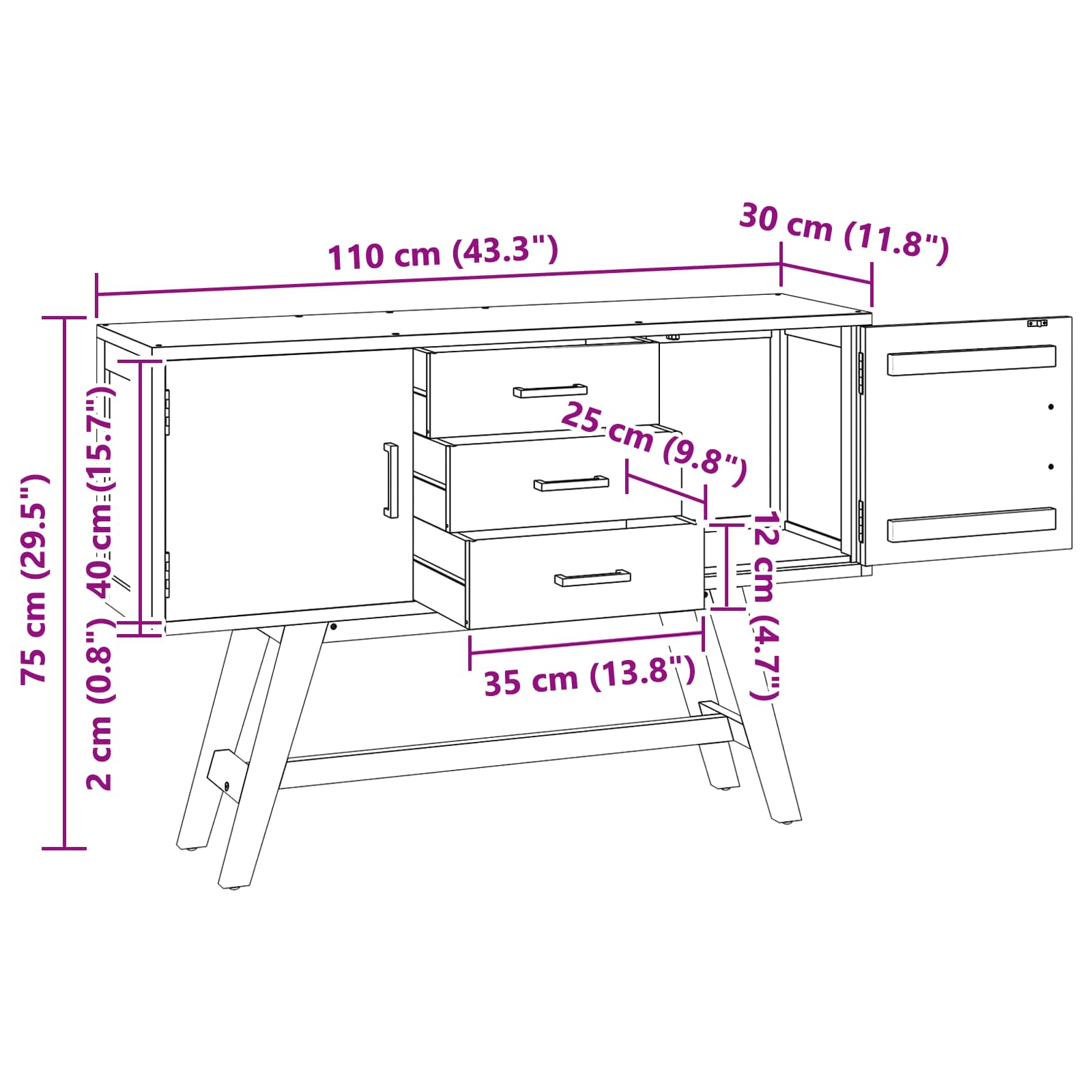 Support TV cu sertar Maro 110 x 30 x 75 cm Lemn solid de tec GartenMobel Dekor