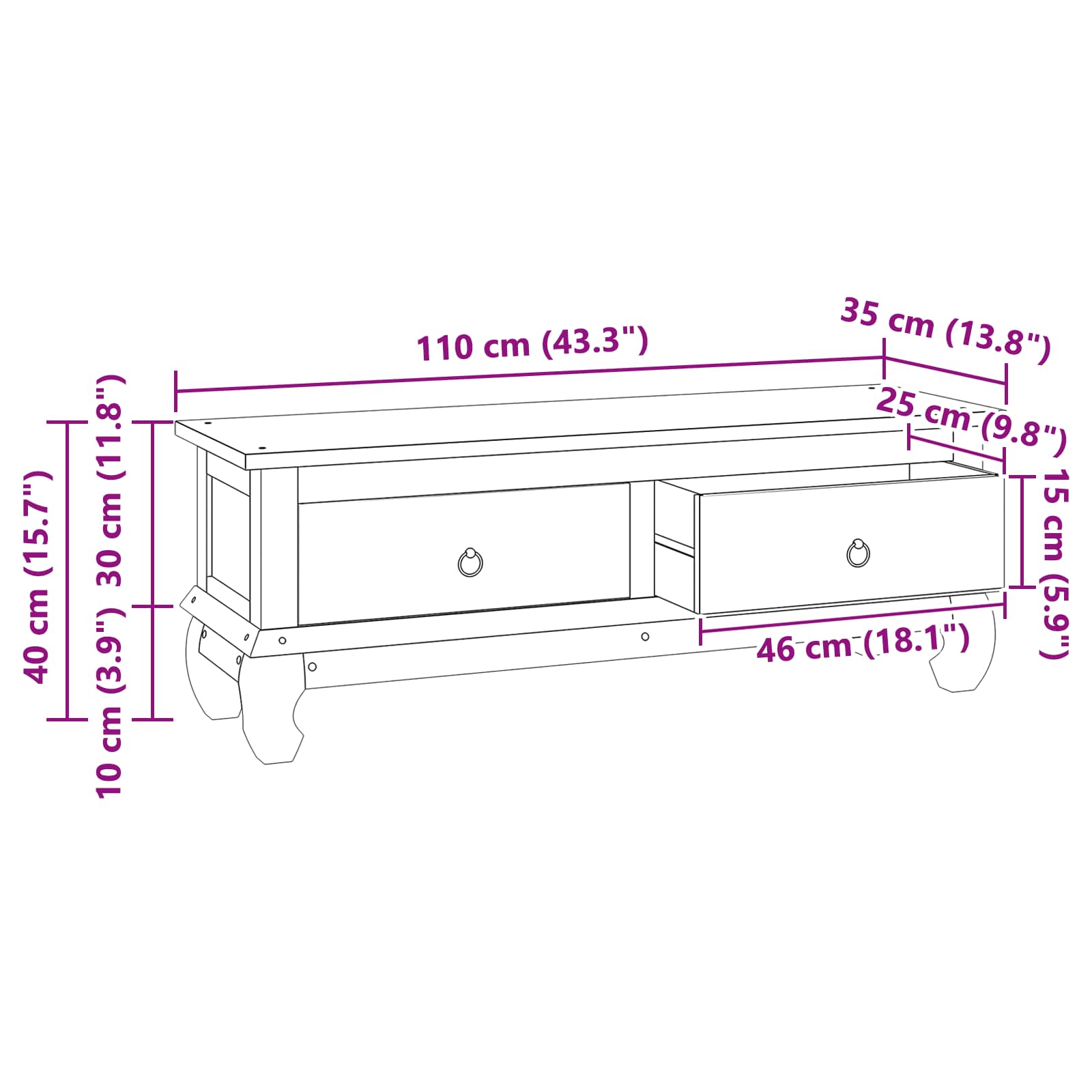Support TV cu sertar Maro 110 x 35 x 40 cm Lemn solid de tec GartenMobel Dekor