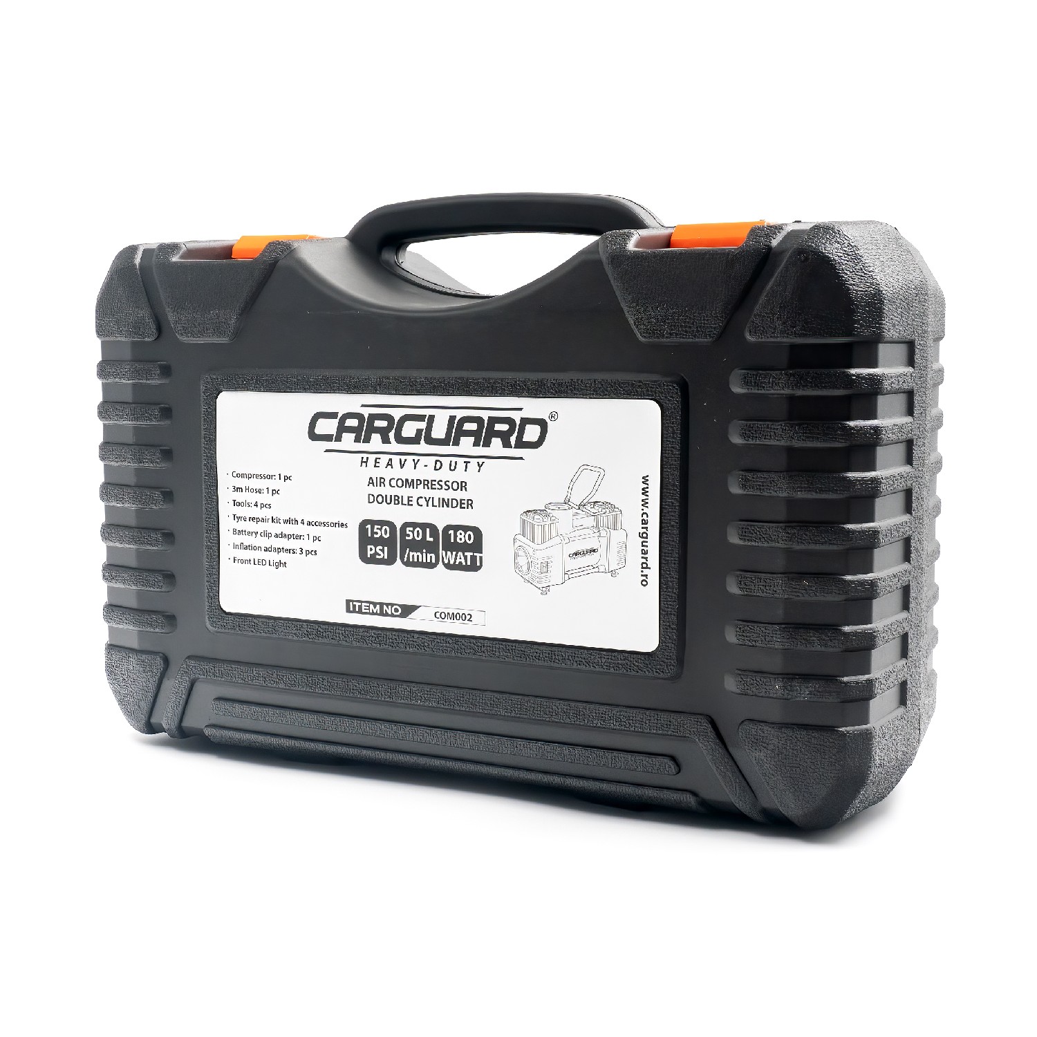 Compresor auto Carguard Heavy-Duty dublu cilindru – 50 L/min – 150 PSI – LED + kit reparație anvelope Best CarHome