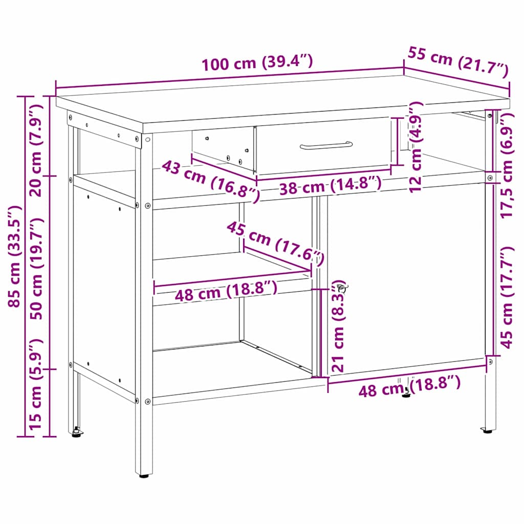 Banc de lucru cu sertar cu raft negru și gri 100 x 55 x 85 cm GartenMobel Dekor