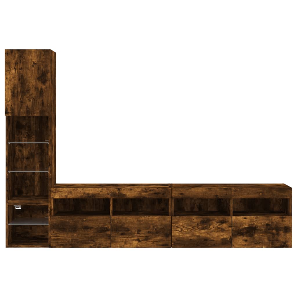 Unități de perete TV cu LED-uri, 4 piese, stejar fumuriu, lemn GartenMobel Dekor