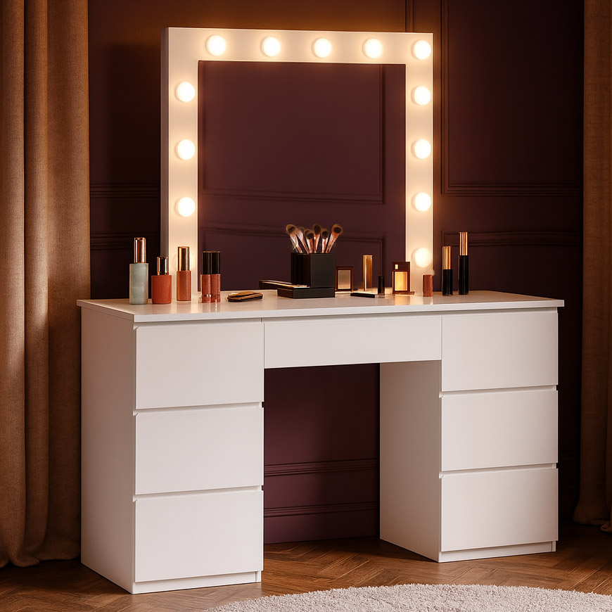 Masa de toaleta si machiaj, cu oglinda LED si 7 sertare, 132x43x152 cm, alb Household NewTrend