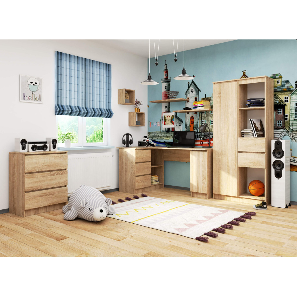 BBirou colt stanga in L cu 3 sertare si rafturi, PAL laminat 16 mm, 155x85x77 cm, stejar sonoma Household NewTrend