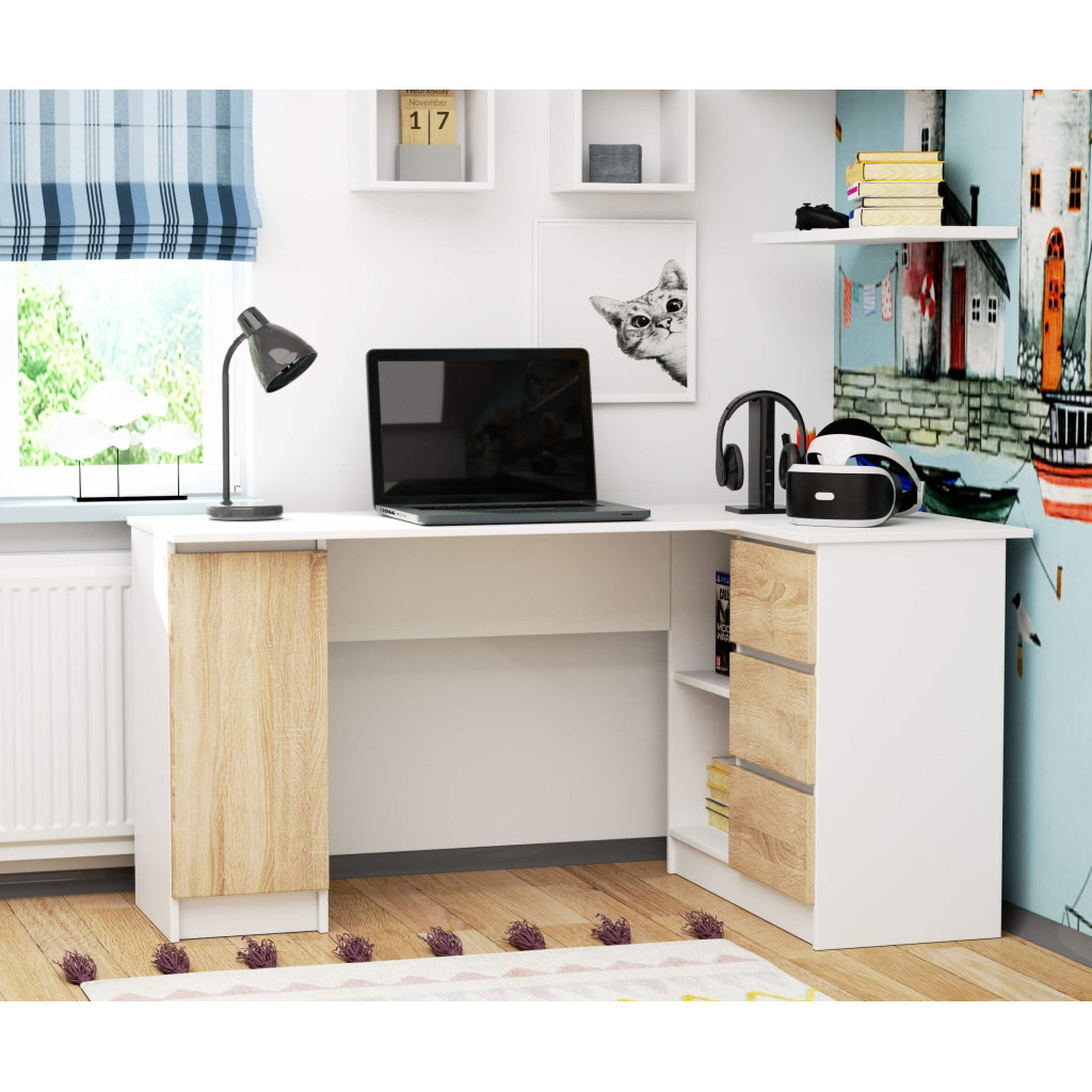 Birou colt dreapta in L cu 3 sertare si rafturi, PAL laminat 16 mm, 155x85x77 cm, alb si stejar sonoma Household NewTrend