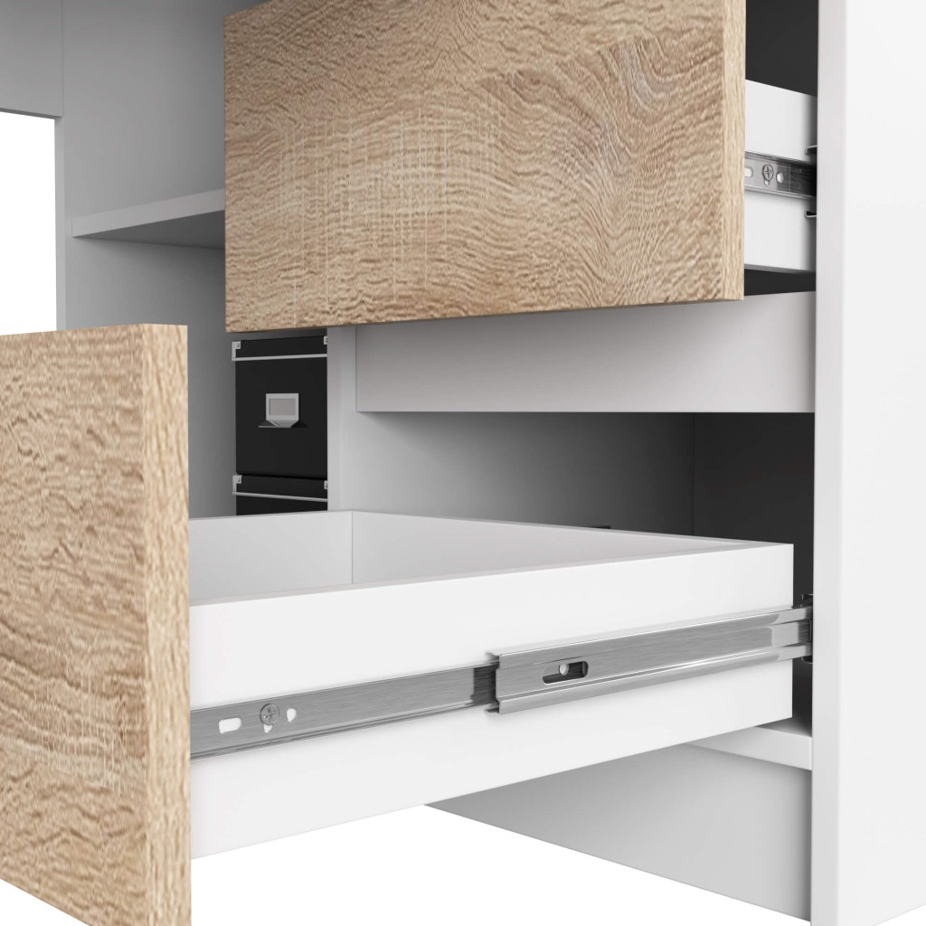 Birou colt dreapta in L cu 3 sertare si rafturi, PAL laminat 16 mm, 155x85x77 cm, alb si stejar sonoma Household NewTrend