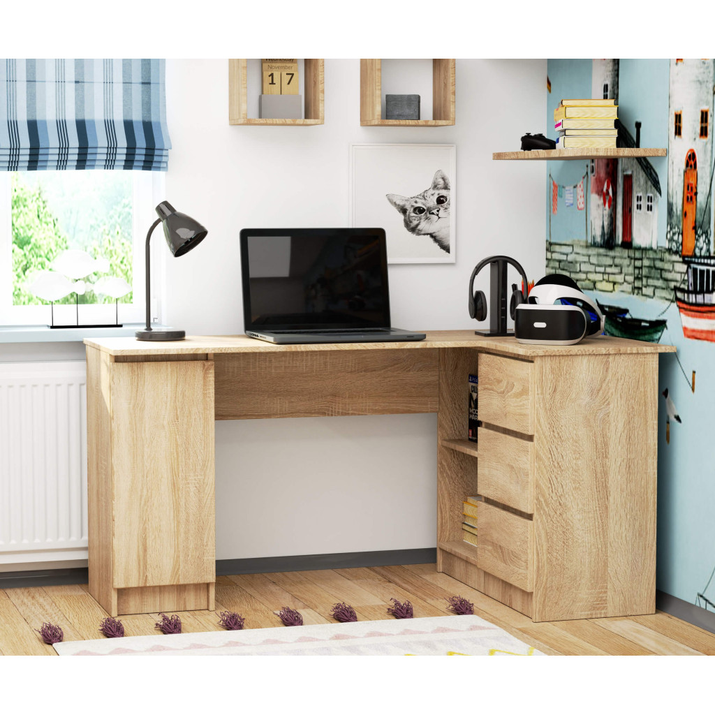 Birou colt dreapta in L cu 3 sertare si rafturi, PAL laminat 16 mm, 155x85x77 cm, stejar sonoma Household NewTrend