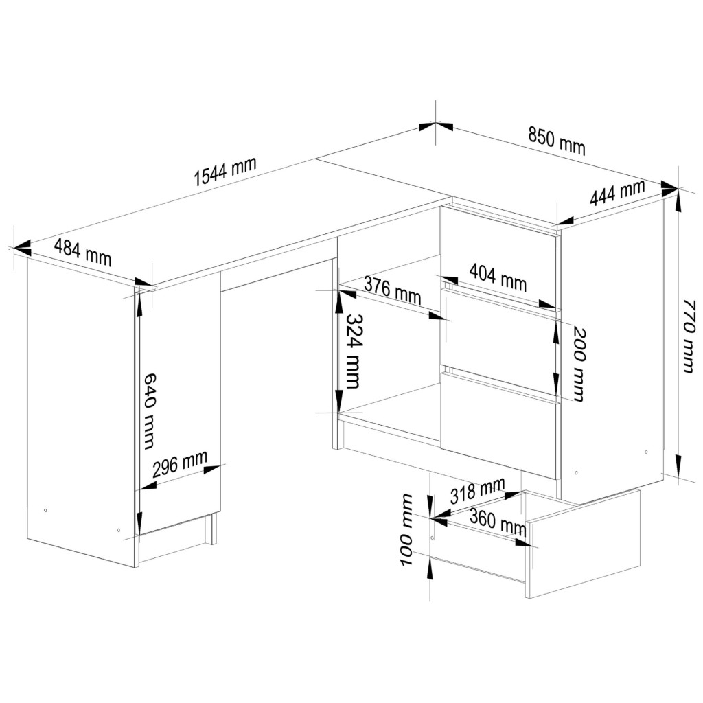 Birou colt dreapta in L cu 3 sertare si rafturi, PAL laminat 16 mm, 155x85x77 cm, stejar sonoma si alb Household NewTrend