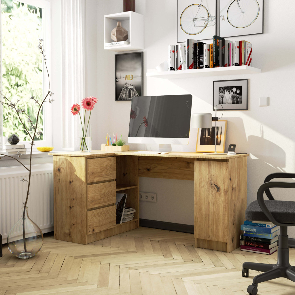 Birou colt stanga in L cu 3 sertare si rafturi, PAL laminat 16 mm, 155x85x77 cm, stejar artisan Household NewTrend