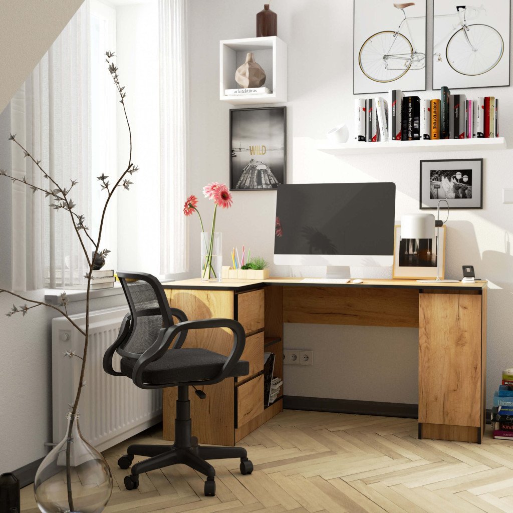 Birou colt stanga in L cu 3 sertare si rafturi, PAL laminat 16 mm, 155x85x77 cm, stejar craft Household NewTrend