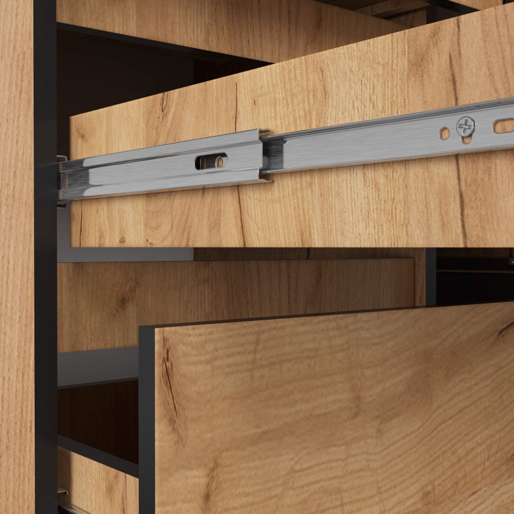 Birou colt stanga in L cu 3 sertare si rafturi, PAL laminat 16 mm, 155x85x77 cm, stejar craft Household NewTrend