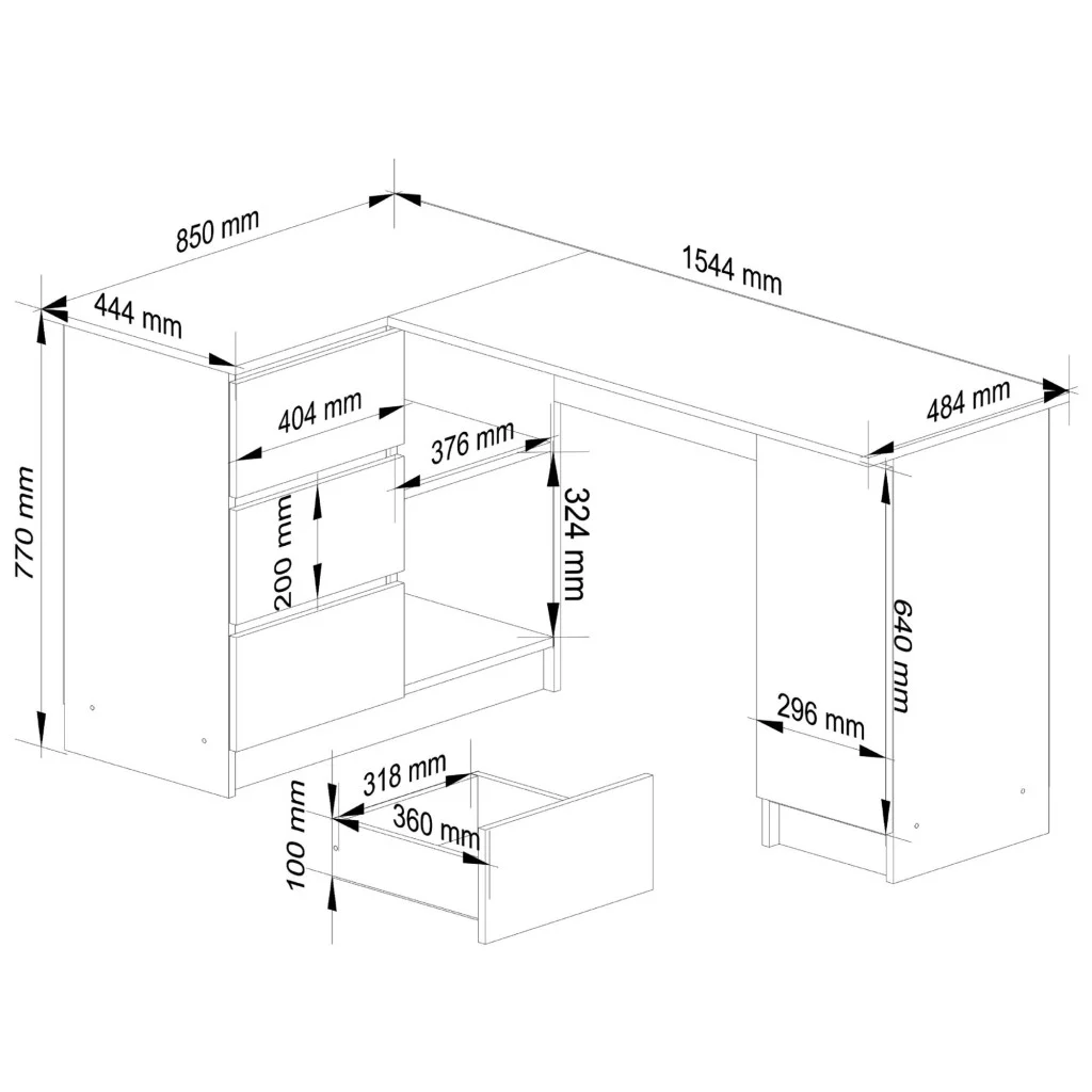 Birou colt stanga in L cu 3 sertare si rafturi, PAL laminat 16 mm, 155x85x77 cm, stejar craft Household NewTrend