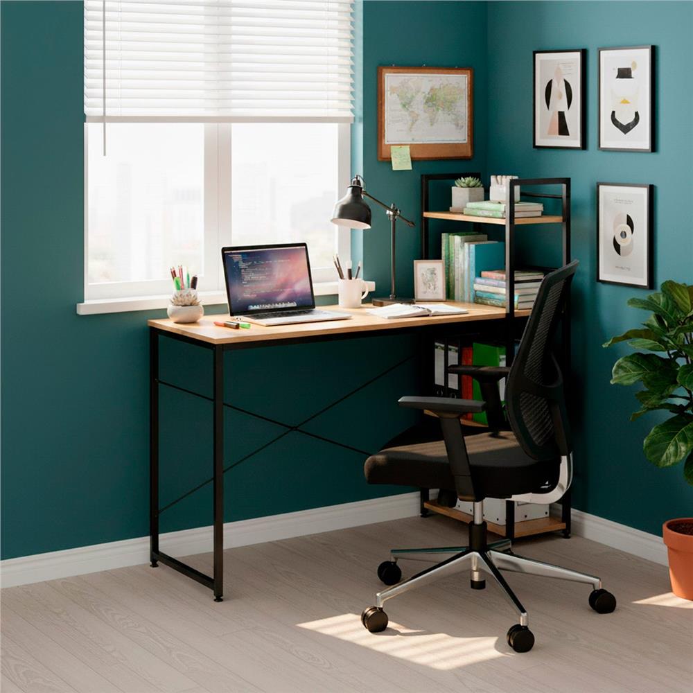 Birou cu blat MDF si rafturi laterale, cadru metalic, 120x48x122 cm, maro deschis Household NewTrend