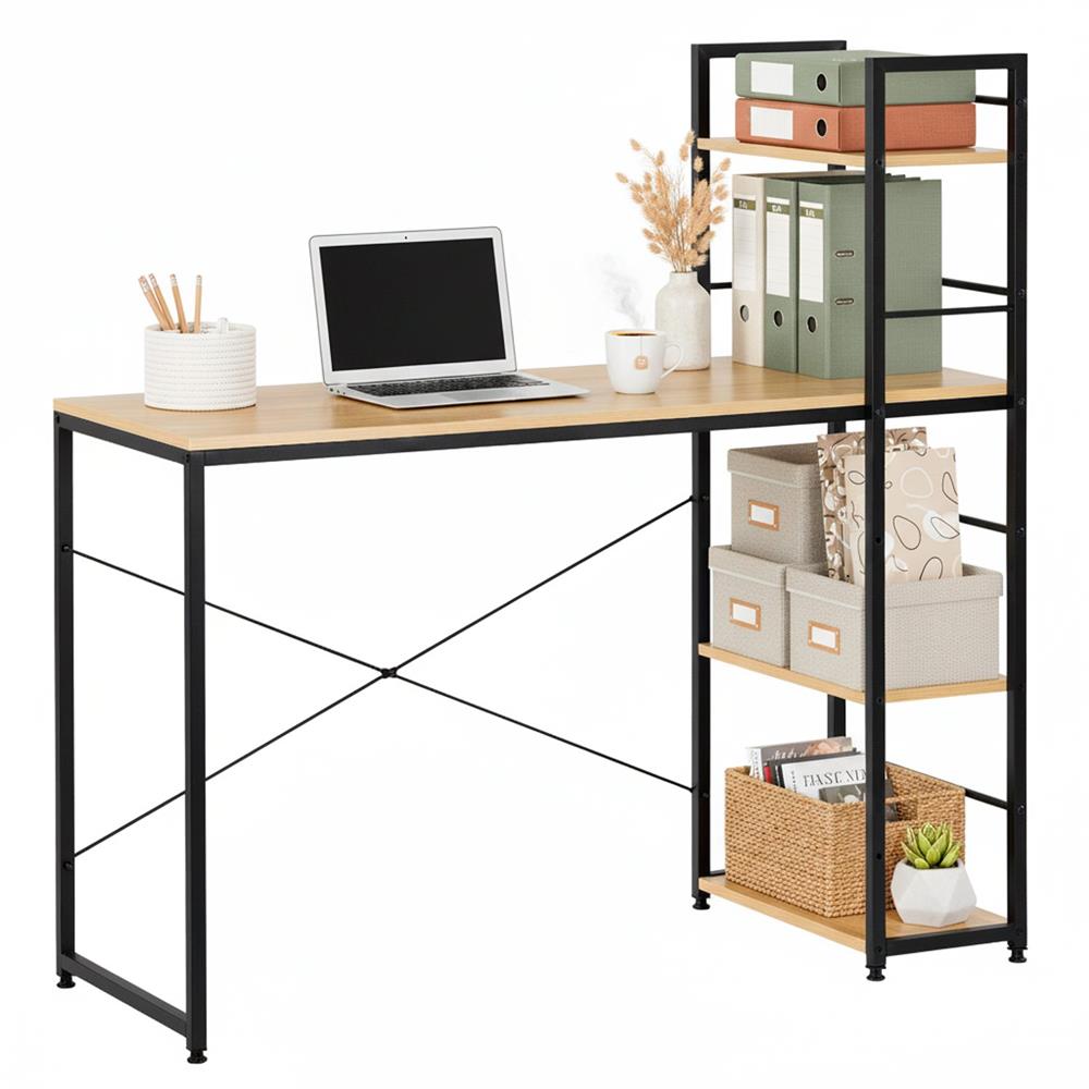 Birou cu blat MDF si rafturi laterale, cadru metalic, 120x48x122 cm, maro deschis Household NewTrend