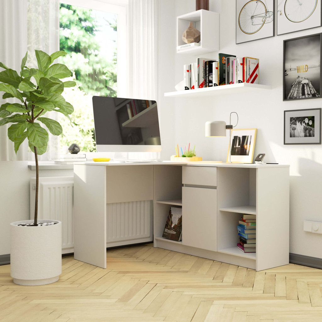 Birou de colt cu sertar, usa si 6 rafturi, PAL laminat 16 mm, 120x126x79 cm, alb Household NewTrend