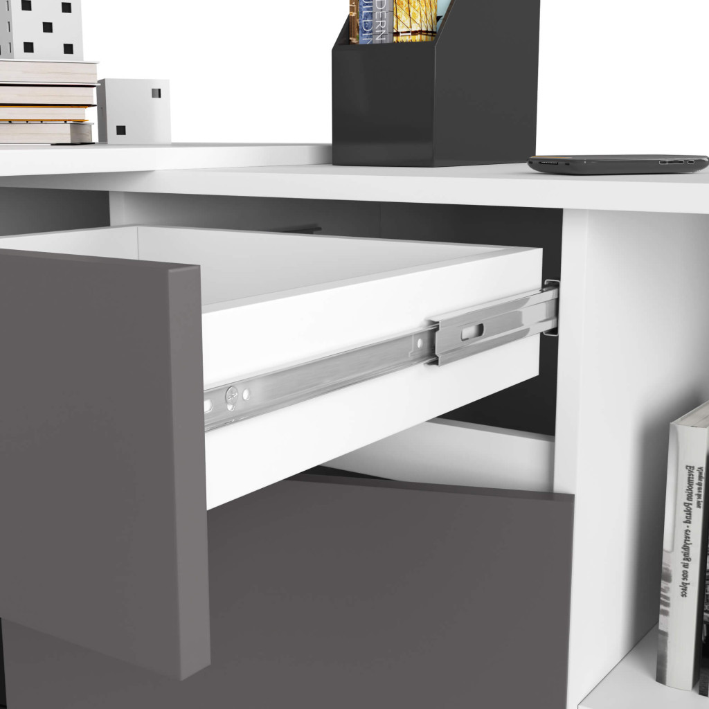 Birou de colt cu sertar, usa si 6 rafturi, PAL laminat 16 mm, 120x126x79 cm, alb si gri Household NewTrend