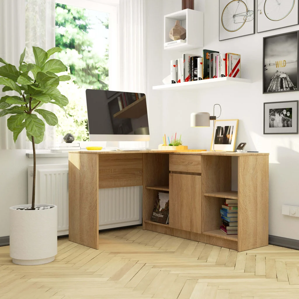 Birou de colt cu sertar, usa si 6 rafturi, PAL laminat 16 mm, 120x126x79 cm, stejar sonoma Household NewTrend