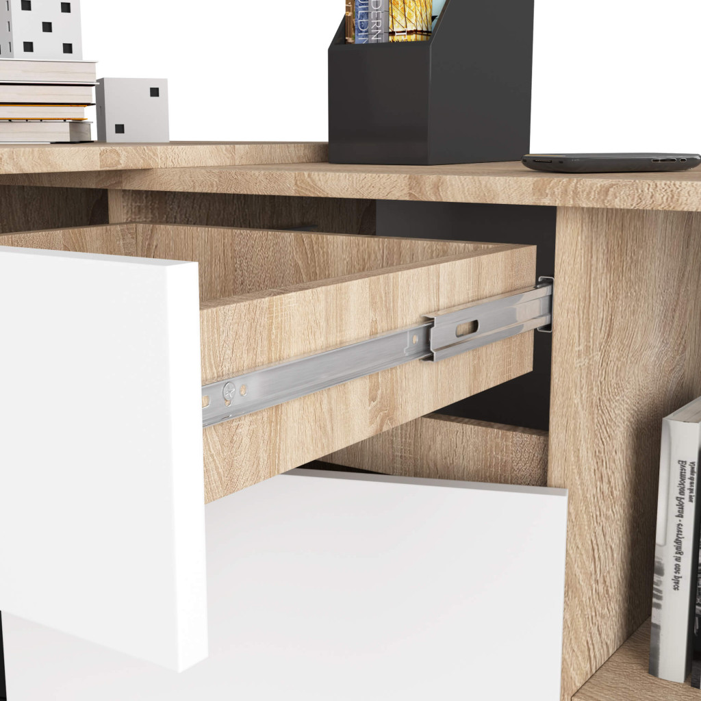 Birou de colt cu sertar, usa si 6 rafturi, PAL laminat 16 mm, 120x126x79 cm, stejar sonoma si alb Household NewTrend