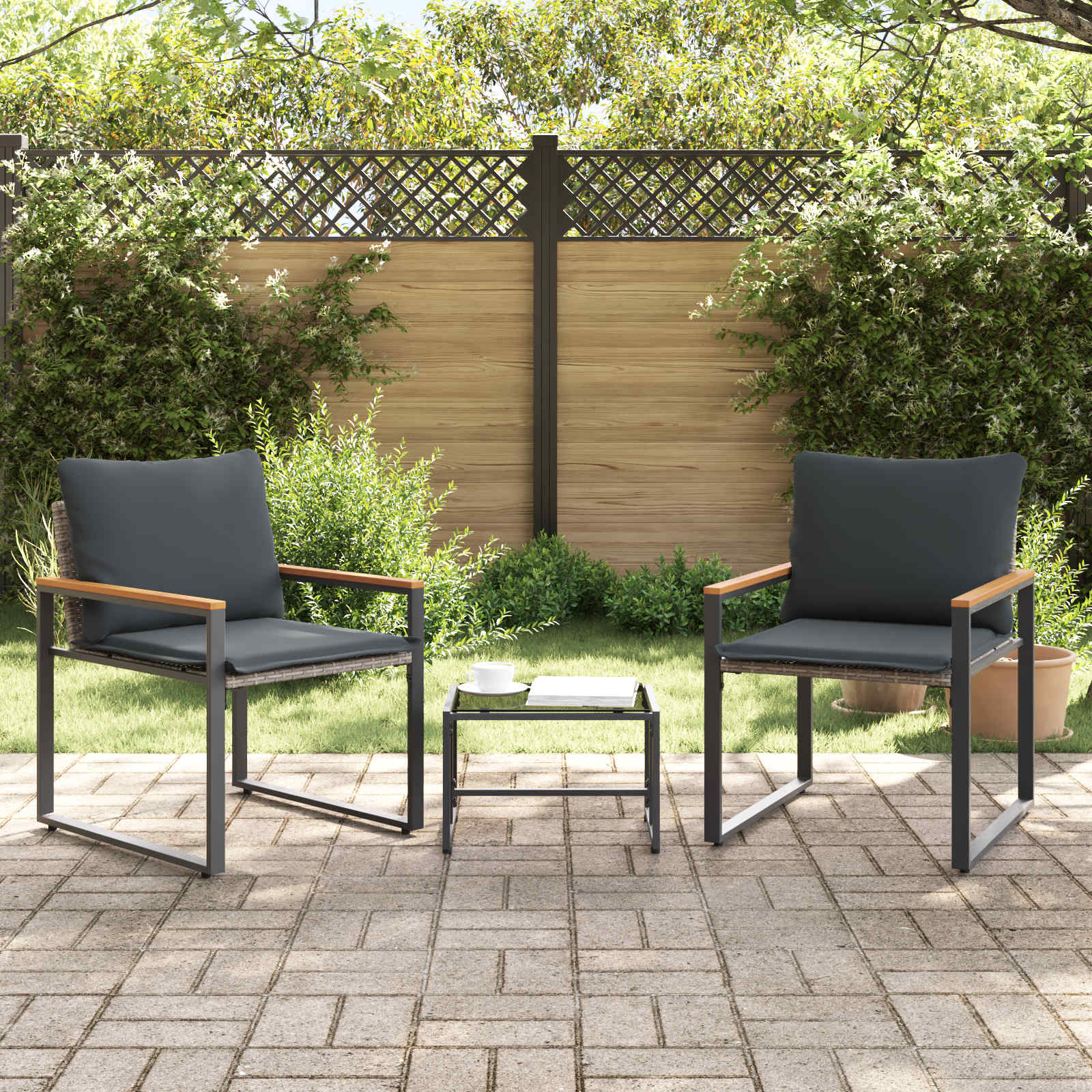 Seturi de mobilier cu pernă 3 pcs Gri și gri închis Ratan GartenMobel Dekor