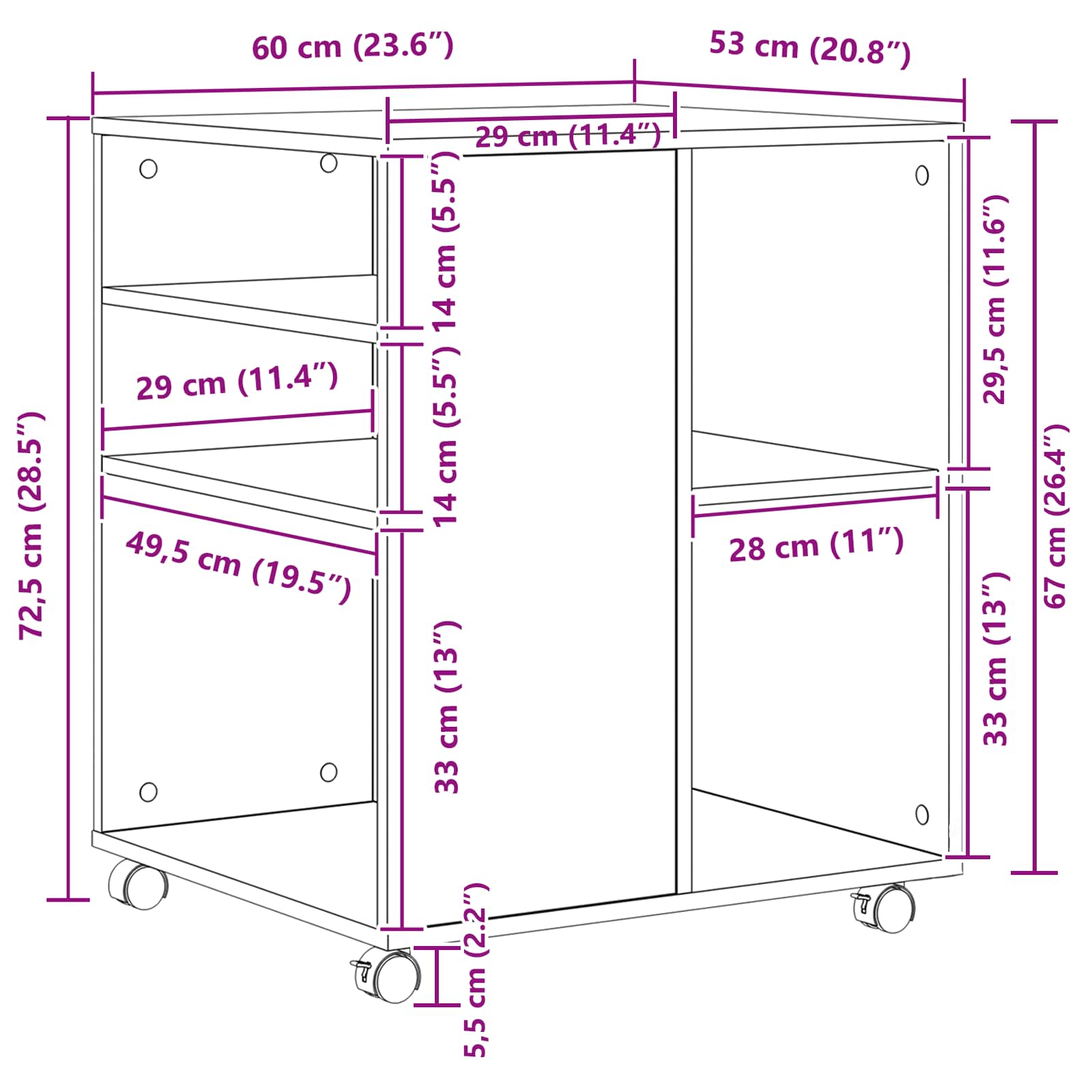 Dulap de depozitare cu roata Stejar Negru 60 x 53 x 72,5 cm GartenMobel Dekor