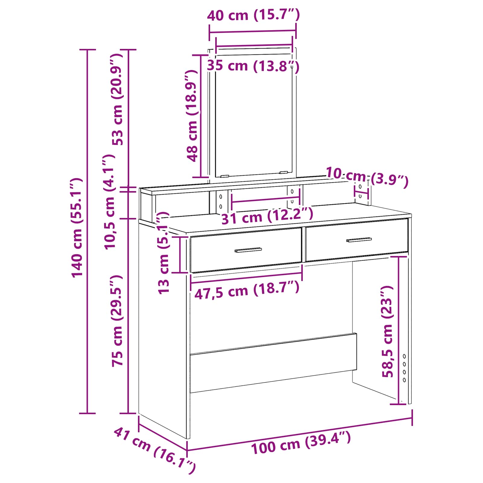 Masă de Machiaj Gri din beton 100 x 41 x 140 cm Lemn compozit GartenMobel Dekor