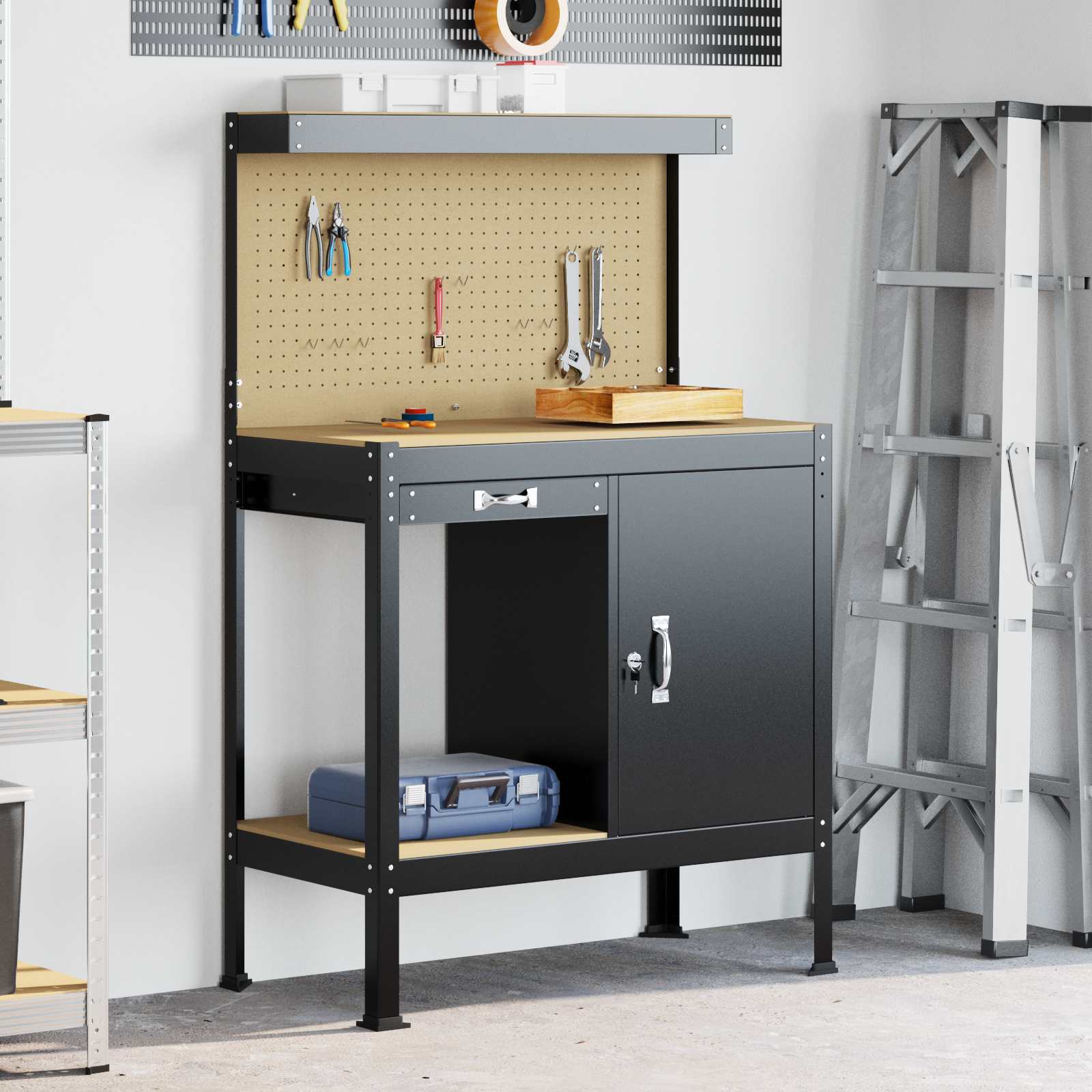 Bănci de lucru cu sertar Negru 81 x 41 x 145 cm Lemn compozit GartenMobel Dekor